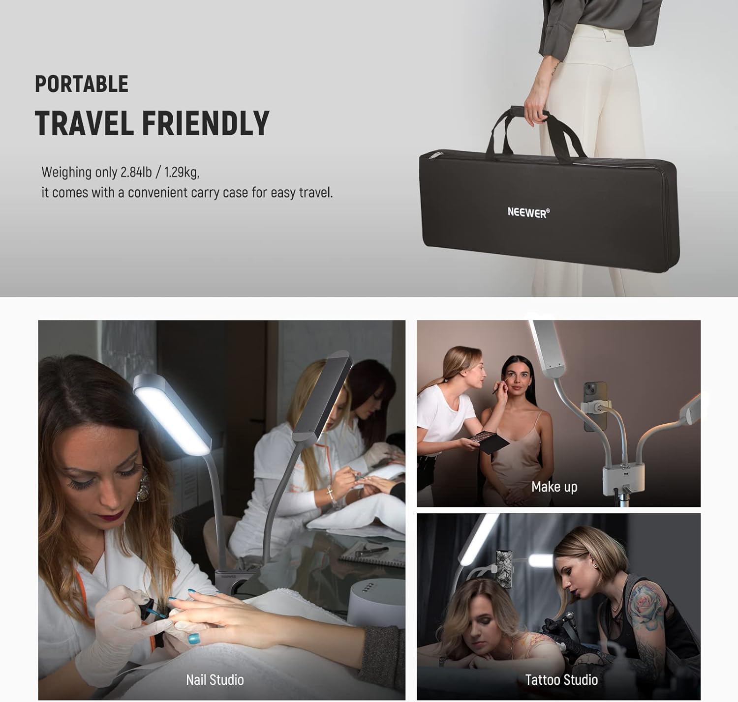 Neewer Lumière d'Esthéticienne avec Support Téléphone et Kit de Sac de Voyage, Lampe Photo LED Cils avec 2,4G/PC/Mac et Contrôle Séparé de 2 Bâton Lumineux, CRI98+, Eclairage pour Tatouage/Beauté