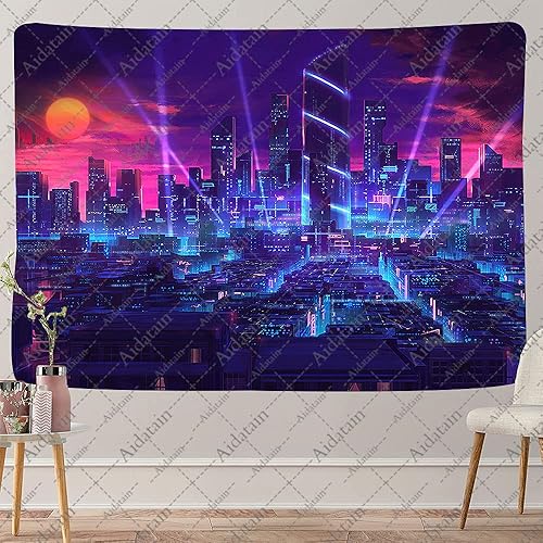 Miniatura 8 de Aidatain Tapiz punk de paisaje urbano, escena de juego de escena de calle neón, franela de anime japonés, tamaño grande de 80 x 60 pulgadas, para
