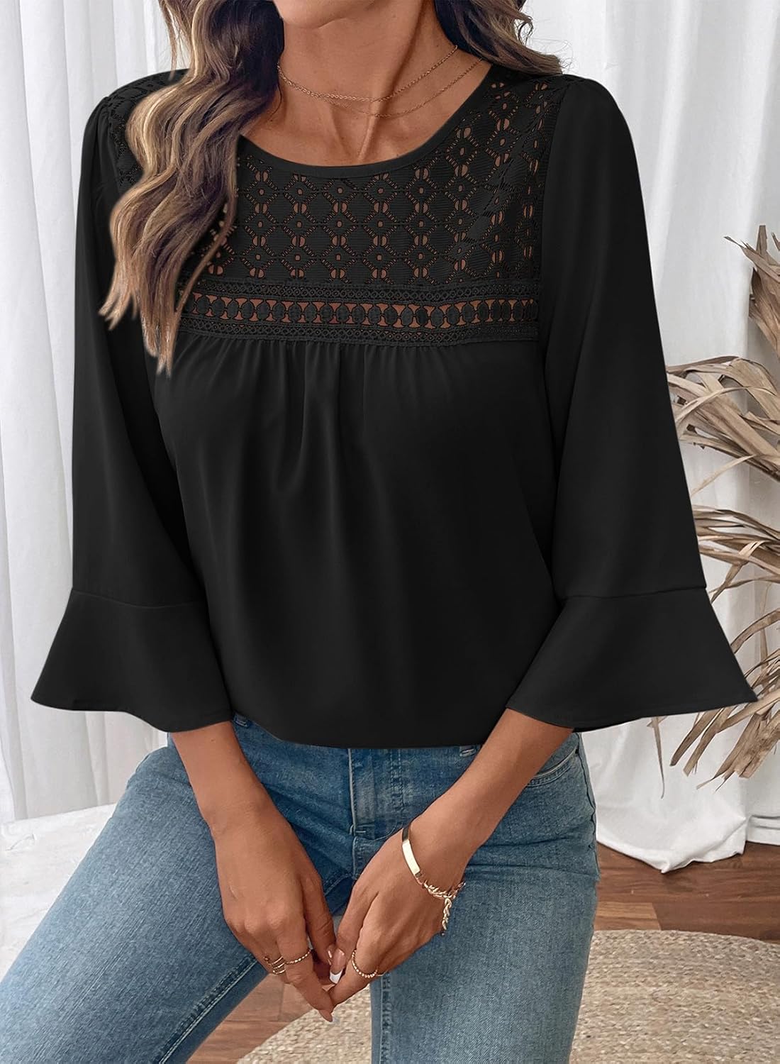 Dokotoo Women's 2025 Fall Fashion Tops 3/4 Sleeve Crewneck Shirts Casual Chiffon Boho Lace Blouses - Image 4