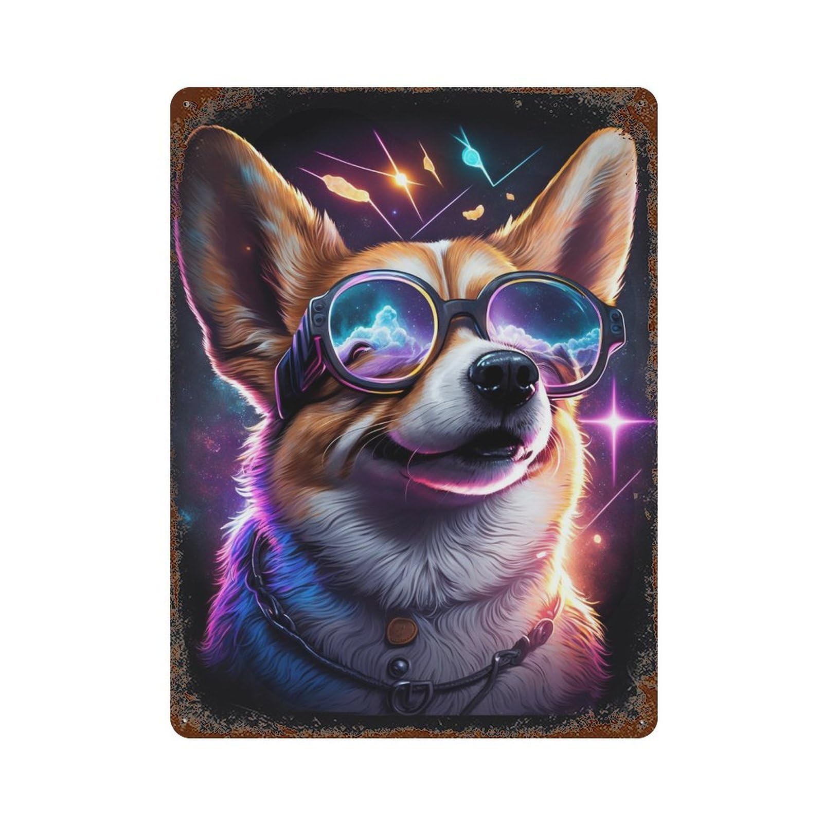 Cosmic Corgi Glasses-1 15.7"x11.8" Rustic Tin Plaque, Industrial Home Decor for Farmhouse, Kitchen And Entryway Decor