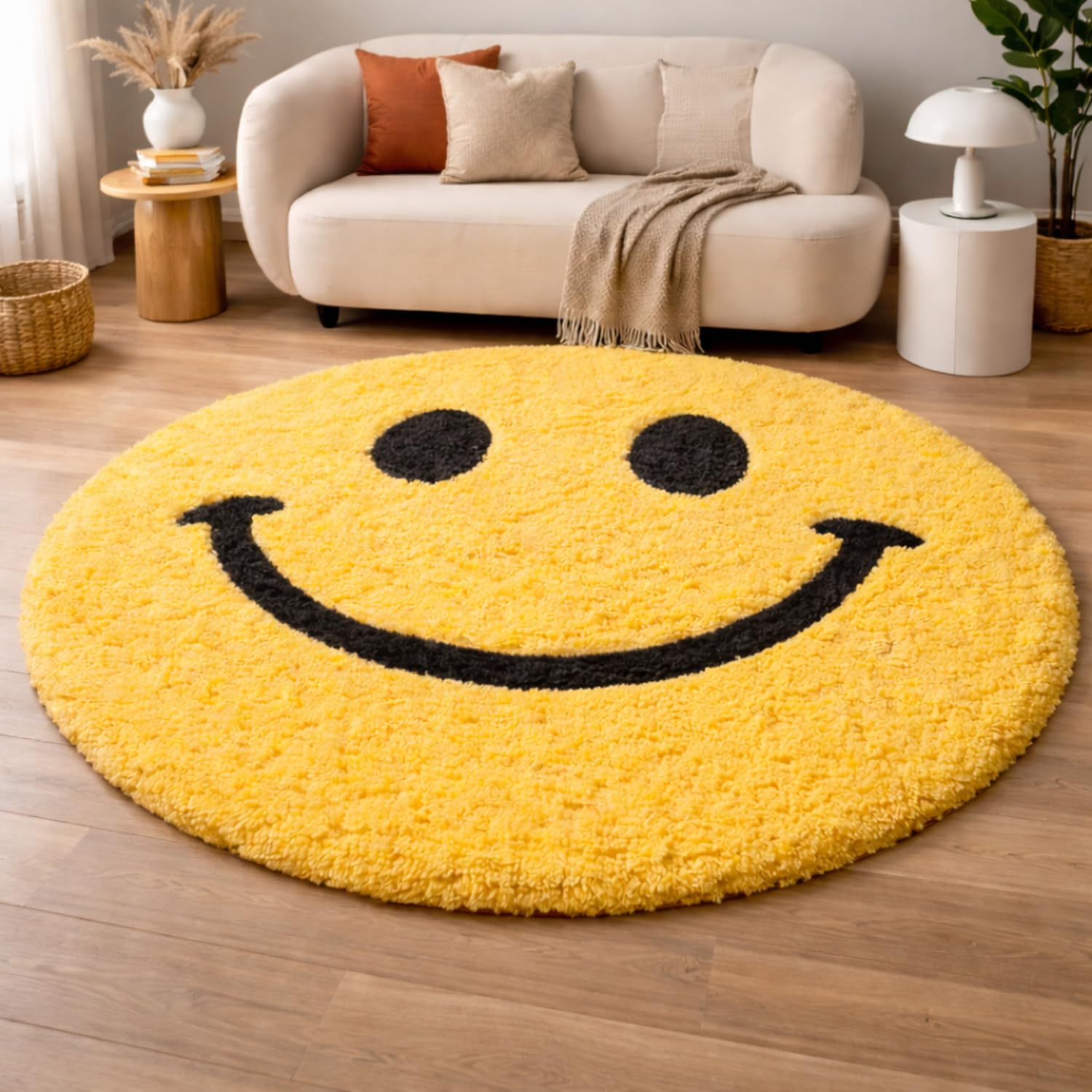 Premium Polyester Shaggy Round Rug – Soft Fluffy Circle Carpet – Living Room & Bedroom Area Rug with Non-Slip Backing (Classic Smiley, 3x3 feet, Round)-image-27