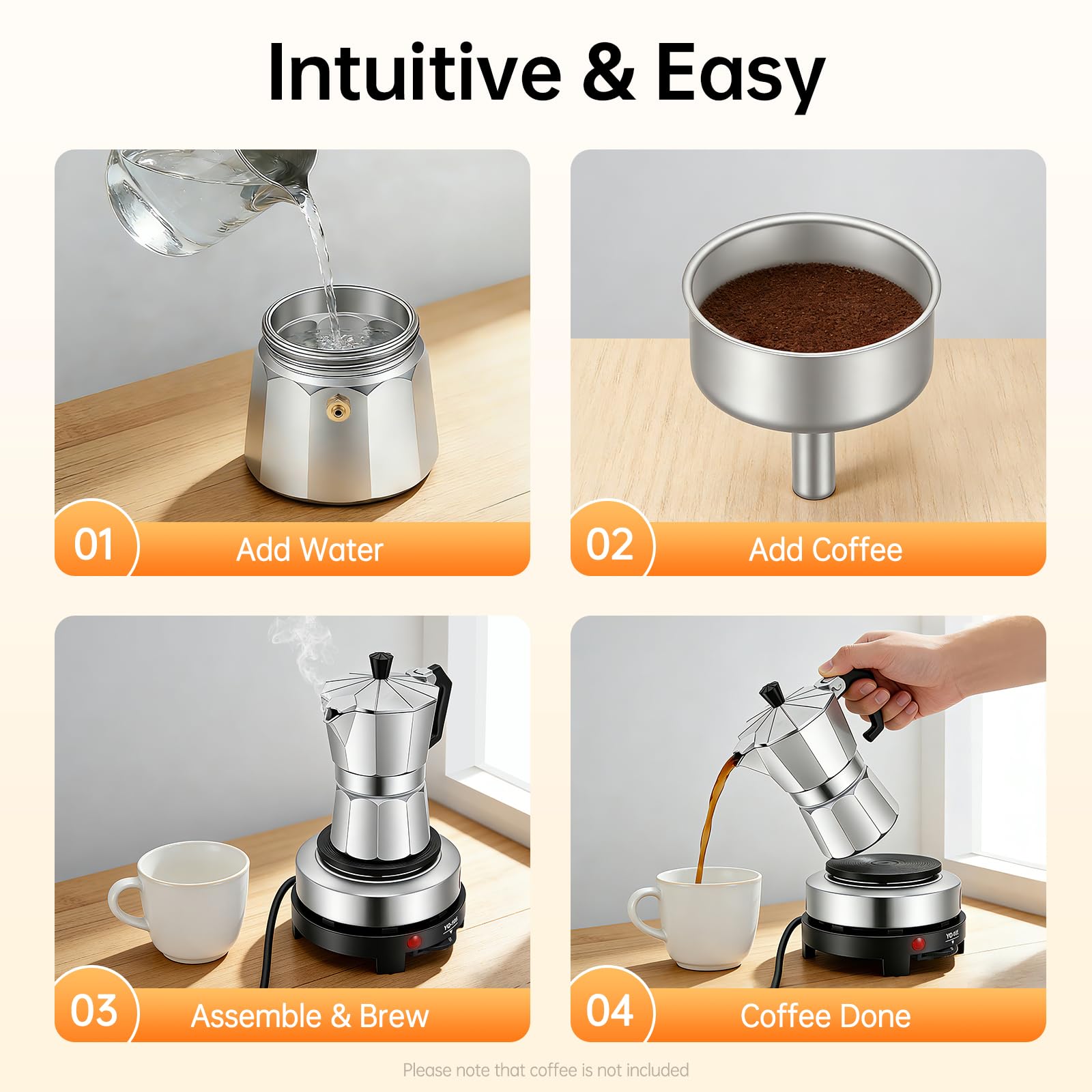 Elektrische Espressomaschine, Mokkakanne mit Elektrische Heizplatte, Esspressokaffeemaschine Klein, Einstellbare Temperatur Camping Kaffeemaschine (3 Tassen)