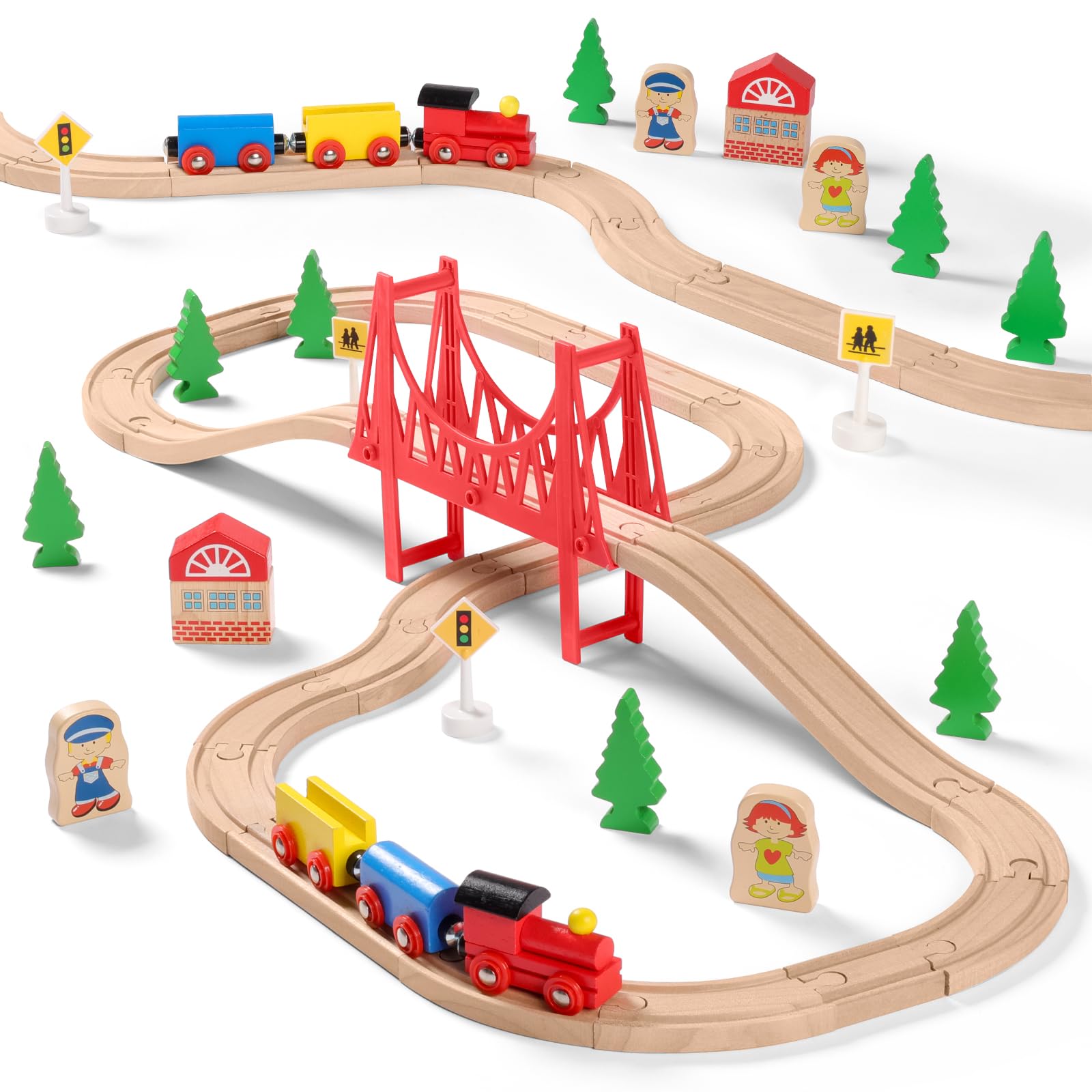 SainSmart Jr. Wooden Train Set for Toddler - Double-Side Wooden Tracks Fits Brio, Thomas, Melissa and Doug - Expandable, Changeable-Kids Wood Toy Train for 3,4,5 Year Old Boys and Girls