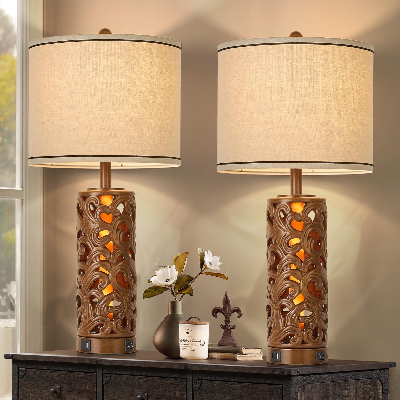 AIDENOEY Set of 2 Farmhouse Table Lamps with 2 USB Charging Ports
