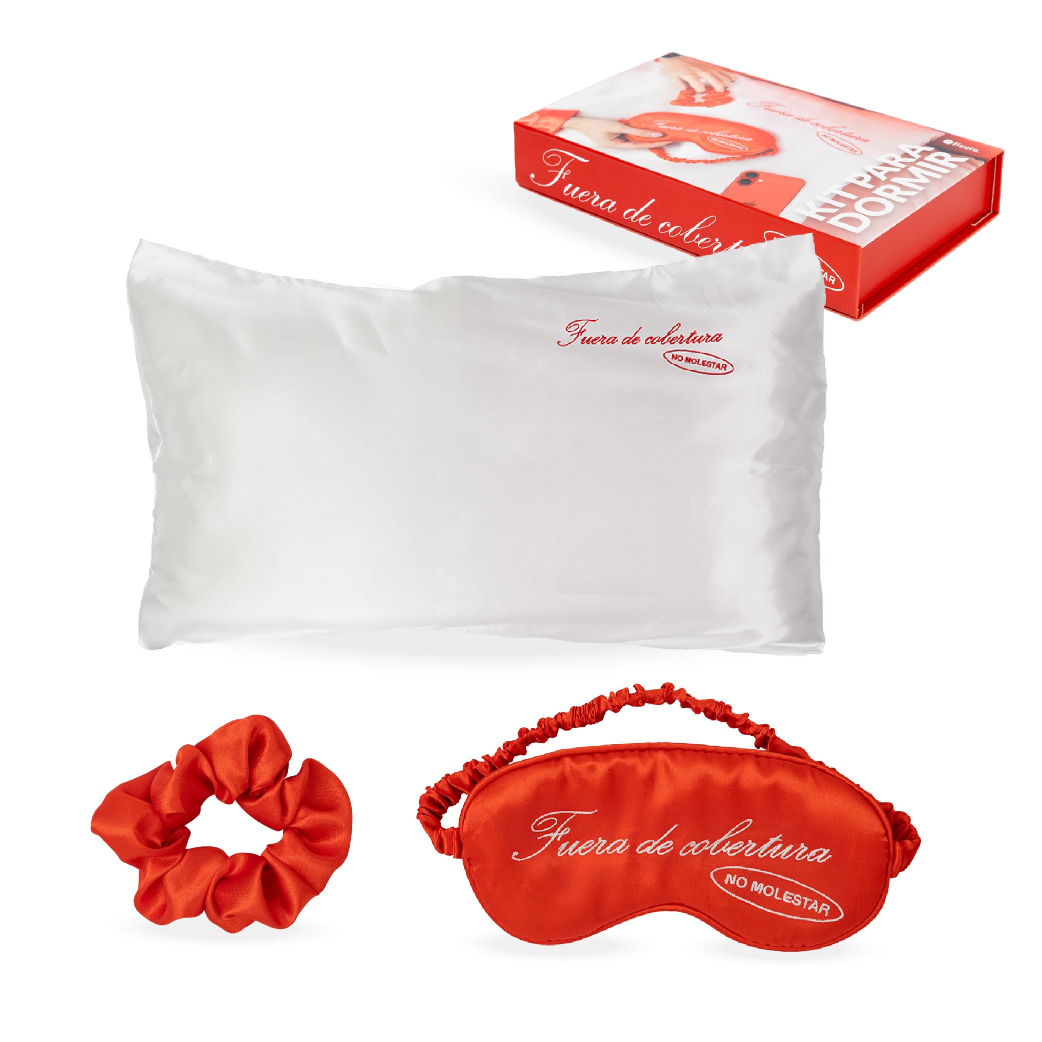 Fisura – Kit da sonno “No molestar”. Contiene: cuscino con federa satinata 50x70 cm, fermacoda liscio e mascherina riposante. Regalo simpatico ed elegante per lei.