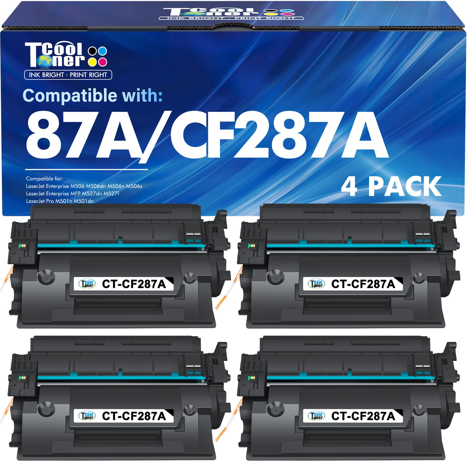 CF287A 87A Black Toner Cartridge 87X CF287X for HP Printer M506 Pro M501 | Compatible for HP LaserJet Enterprise Pro M501 M506 M501dn M506dn M506n M506x MFP M527f M527dn M527 Series Printer Ink 4-Pack