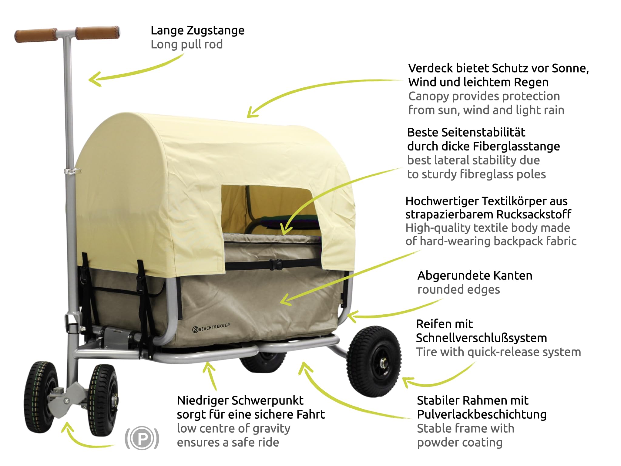 Beachtrekker Life Faltbarer Bollerwagen, klappbarer Handwagen + Feststellbremse + Sonnenverdeck (Luftreifen, Beige)