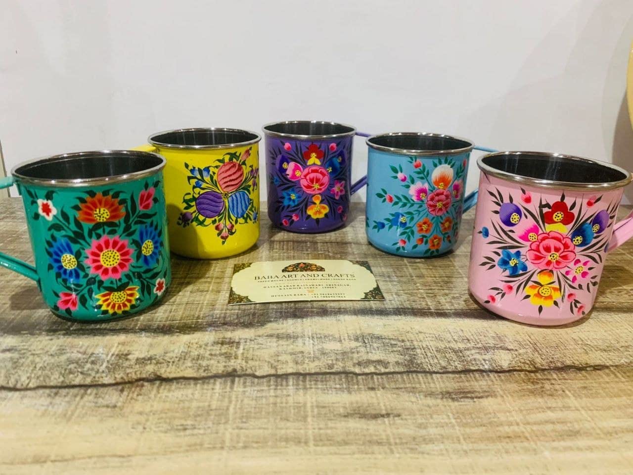 Baba Art And Crafts ,enamelware,enamel ware mugs,set of 2 mugs,enamelware utensils,Flower Handmade Design Enamleware Floral Design Handprints Diwali Christmas Tumbler Item,enamelware mugs,handpainted mugs