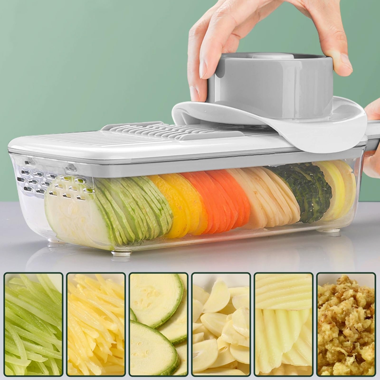 Mandolina de Cocina Profesional, Cortador de Verdura, con Caja Drenaje y Protector Mano Seguridad, Diseño con Orificio Drenaje, para Papas, Pepinos y Preparación