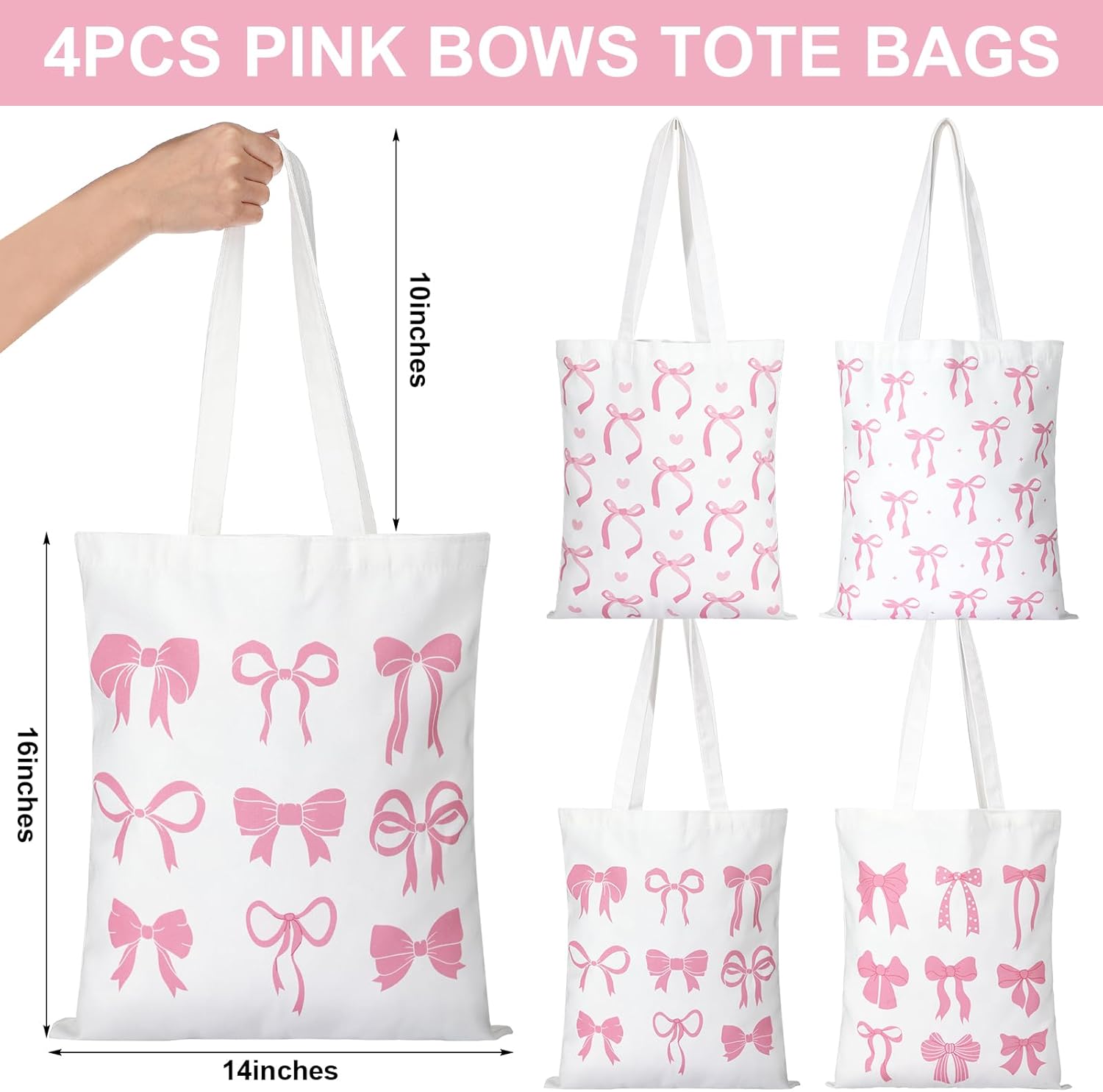 Paterr 4 Pack Pink Bow Canvas Tote Bags Coquette Aesthetic Grocery Shopping Bags with Handles Reusable Cute Preppy Stuff Bow Gift for Women - Image 3
