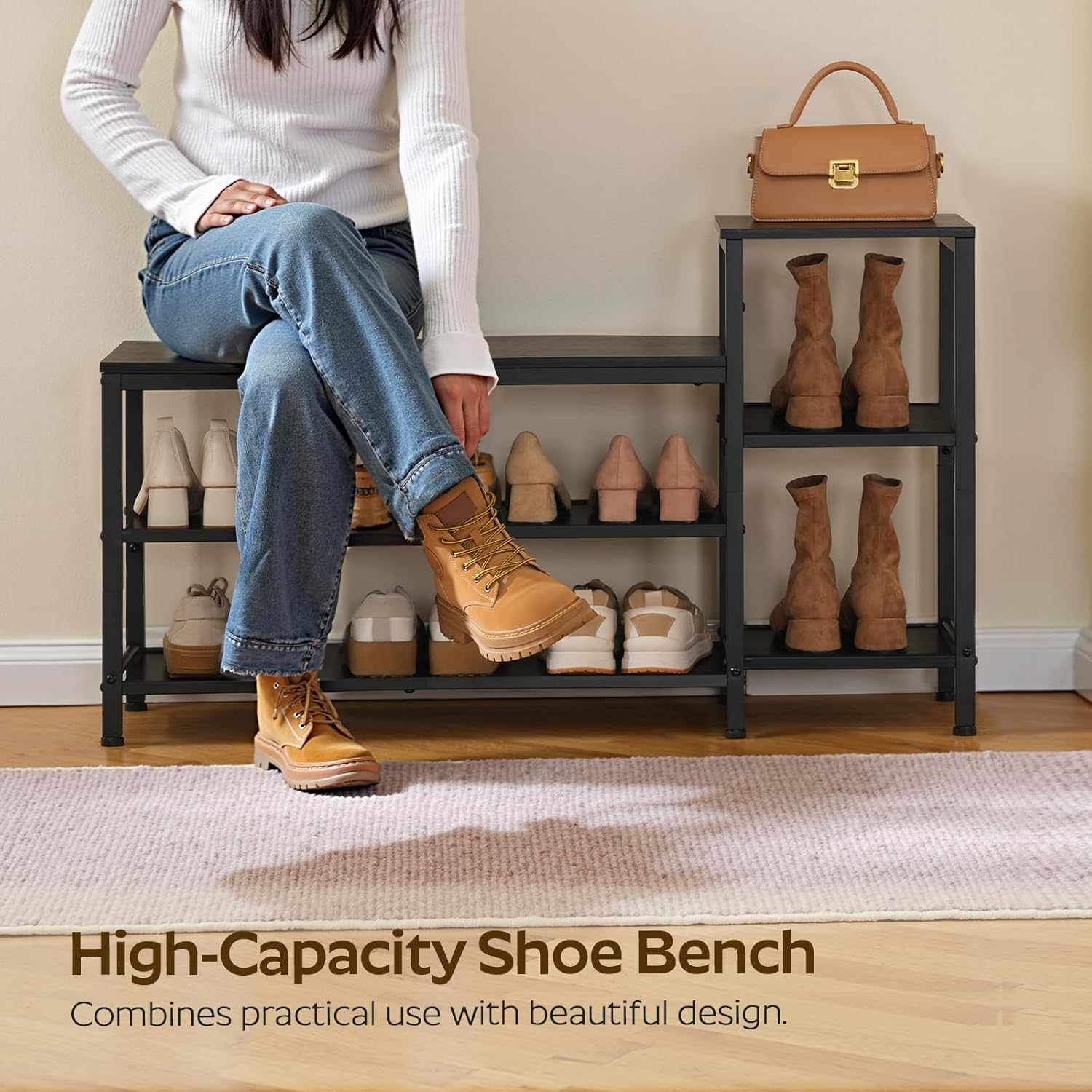 3-Tier Shoe Rack Bench, Wooden Shoe Storage Bench, Industrial Entryway Bench with Storage, Multi-Functional Shoe Rack with Seat for Bedroom, Hallway, Living Room, Black HX05BB
