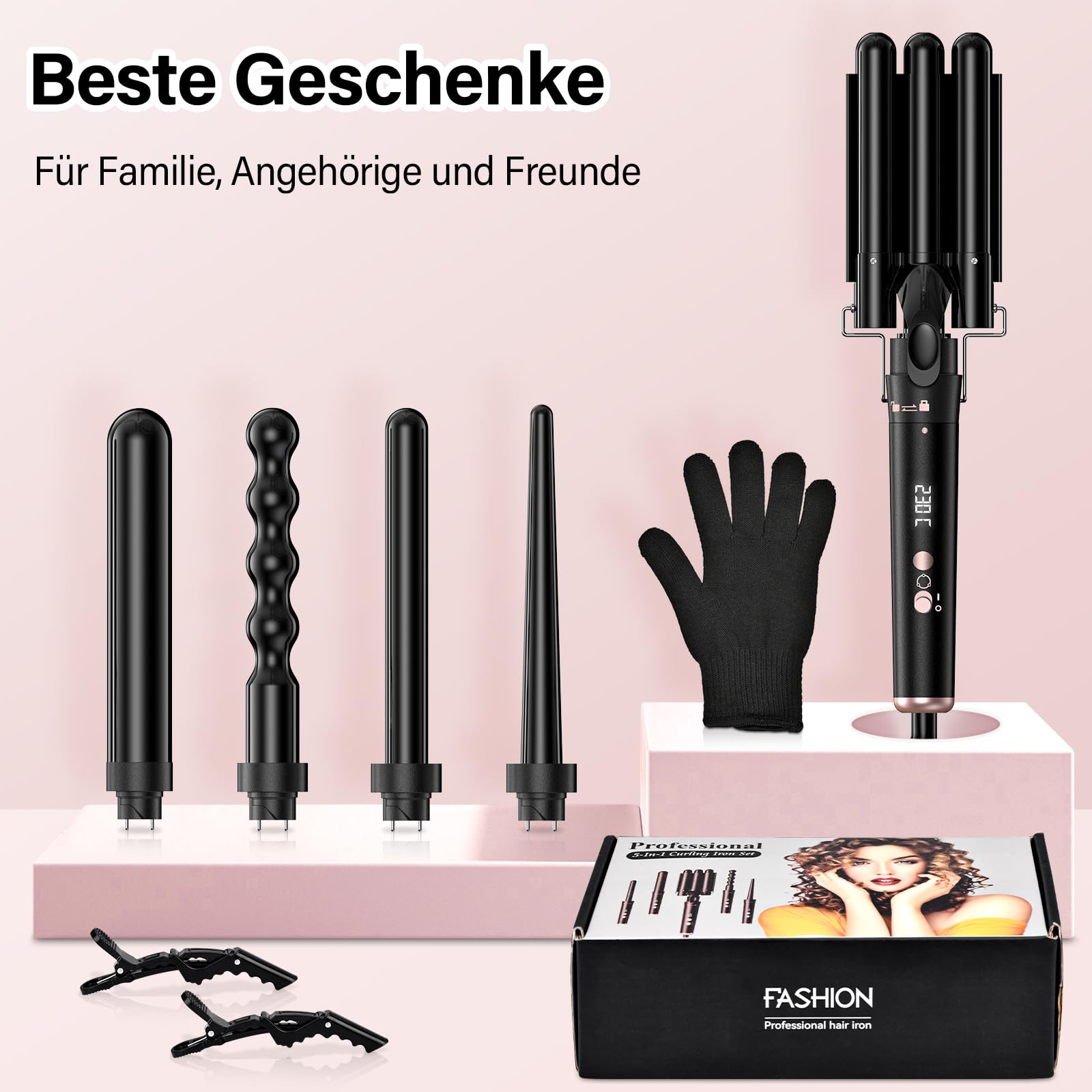 Ferro Arricciacapelli 5 in 1, Piastra Onde per Capelli Professionale con 4 Testine, Arricciacapelli Automatico con Display LED e Temperatura Regolabile, PTC Ceramica per Capelli Ricci, Mossi e Boccoli