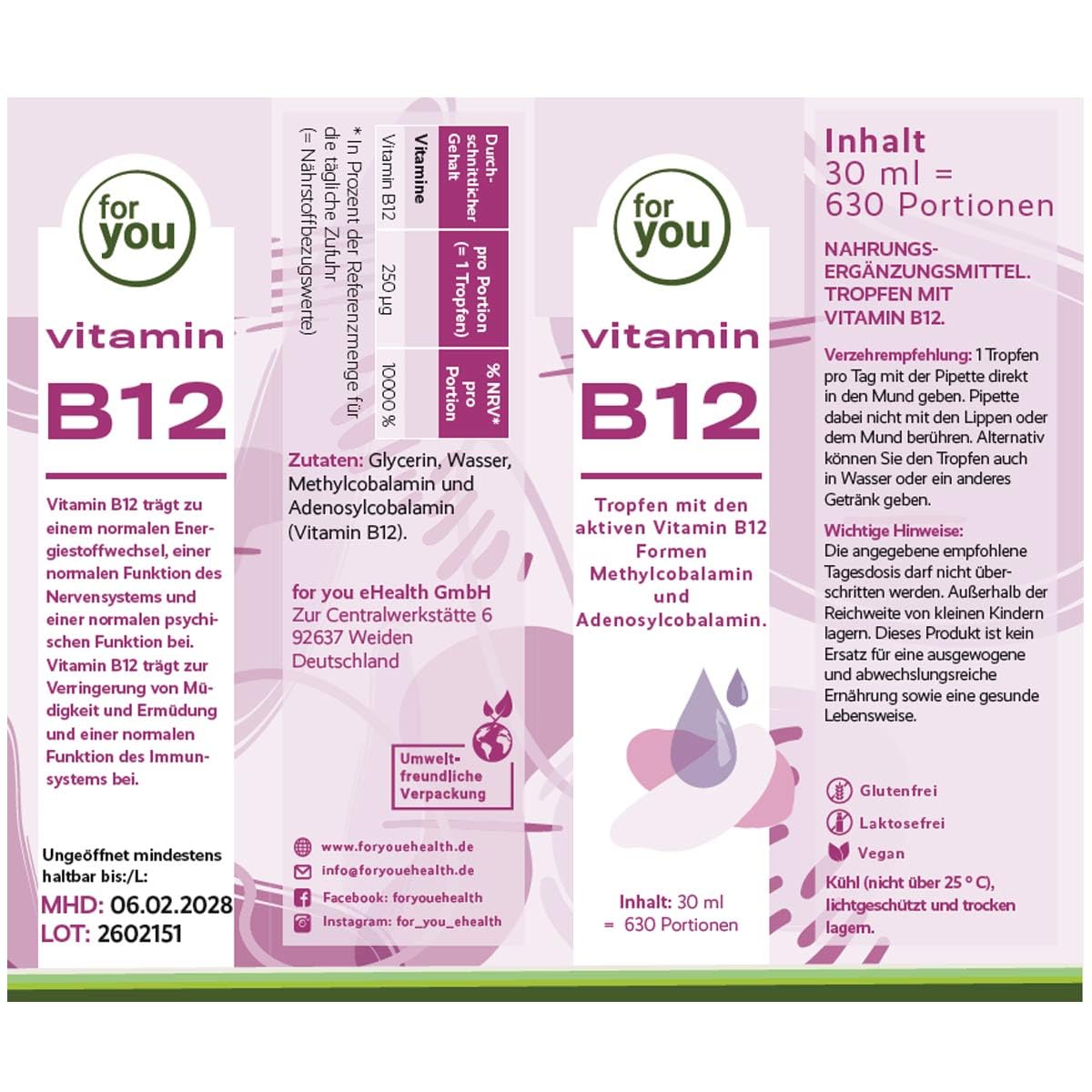 for you Vitamin B12 Tropfen 2x 30ml - beide Aktivformen Methylcobalamin & Adenosylcobalamin in Wasser gelöst, ohne Alkohol - 250 µg pro Tropfen