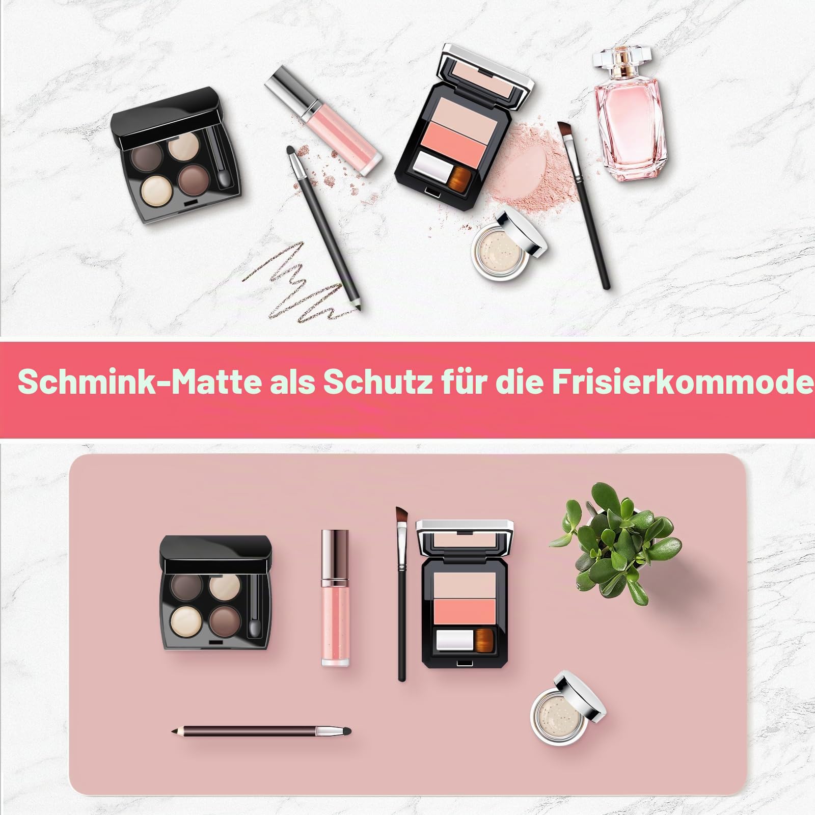 Schminktisch Unterlage, 50x30cm Make-up-Unterlage aus Leder für den Schminktisch, doppelseitig, wasser- und ölabweisend Schminktisch Zubehör (Rosa und Silber)