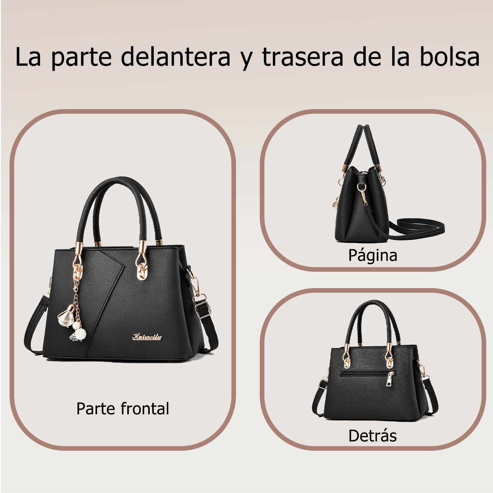 FANDARE Mujer Bolso Bandolera Multibolsillos Shoppers y Bolsos de Hombro PU Cuero Bolso Cruzados Impermeable Bolsa de Mano Forma V Bolso para Viajes Compras Trabajo Citas Beige
