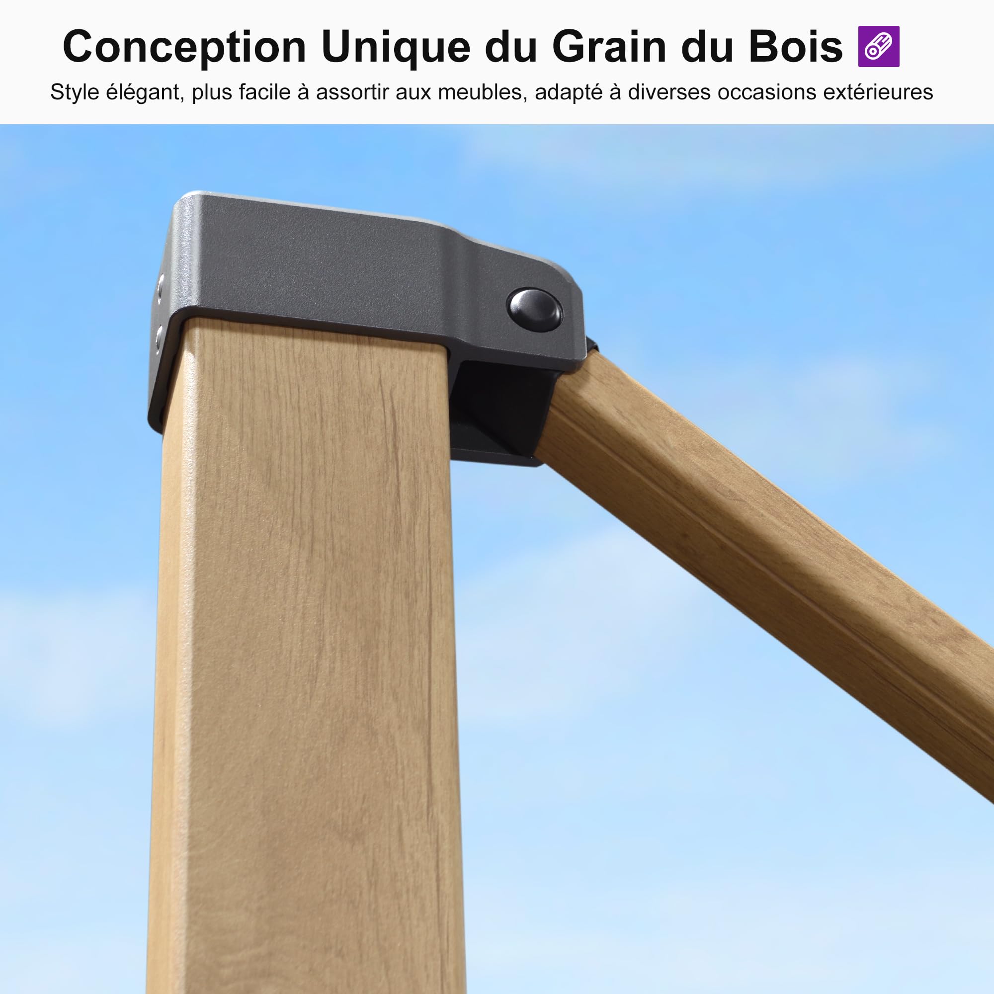 PURPLE LEAF Parasol Déporté 3 x 3 m Aluminium Effet Bois Crème Anti-Vent | Style champêtre, Parasol, UPF 50+, Tissu polyester 240 g/m², Résistant aux intempéries, 8 baleines renforcées, Terrasse