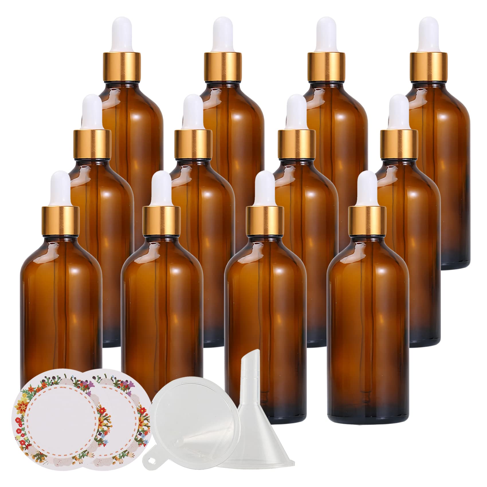 Plastikowa butelka z rozpylaczem, 100 ml, bursztynowe szklane pipety ze złotym pierścieniem śrubowym, do olejków eterycznych, aromaterapii, mieszanek, perfum kosmetycznych, fiolek podróżnych