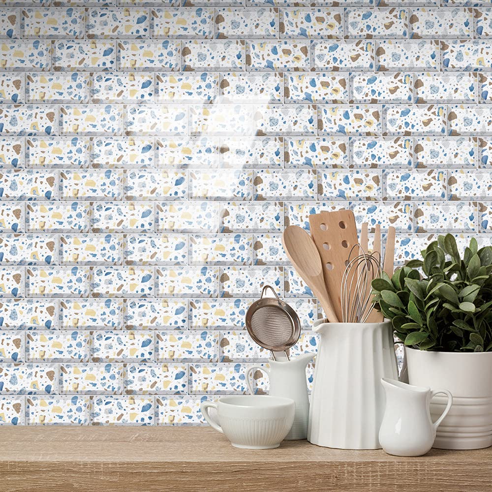 LMYSXAOZ Tile Stickers Stick on Tiles, Self Adhesive Wall Tiles for Kitchen Bathroom, Oil Proof Peel and DIY Floor Marble 20x10cm (48PCS,Blue Brown)