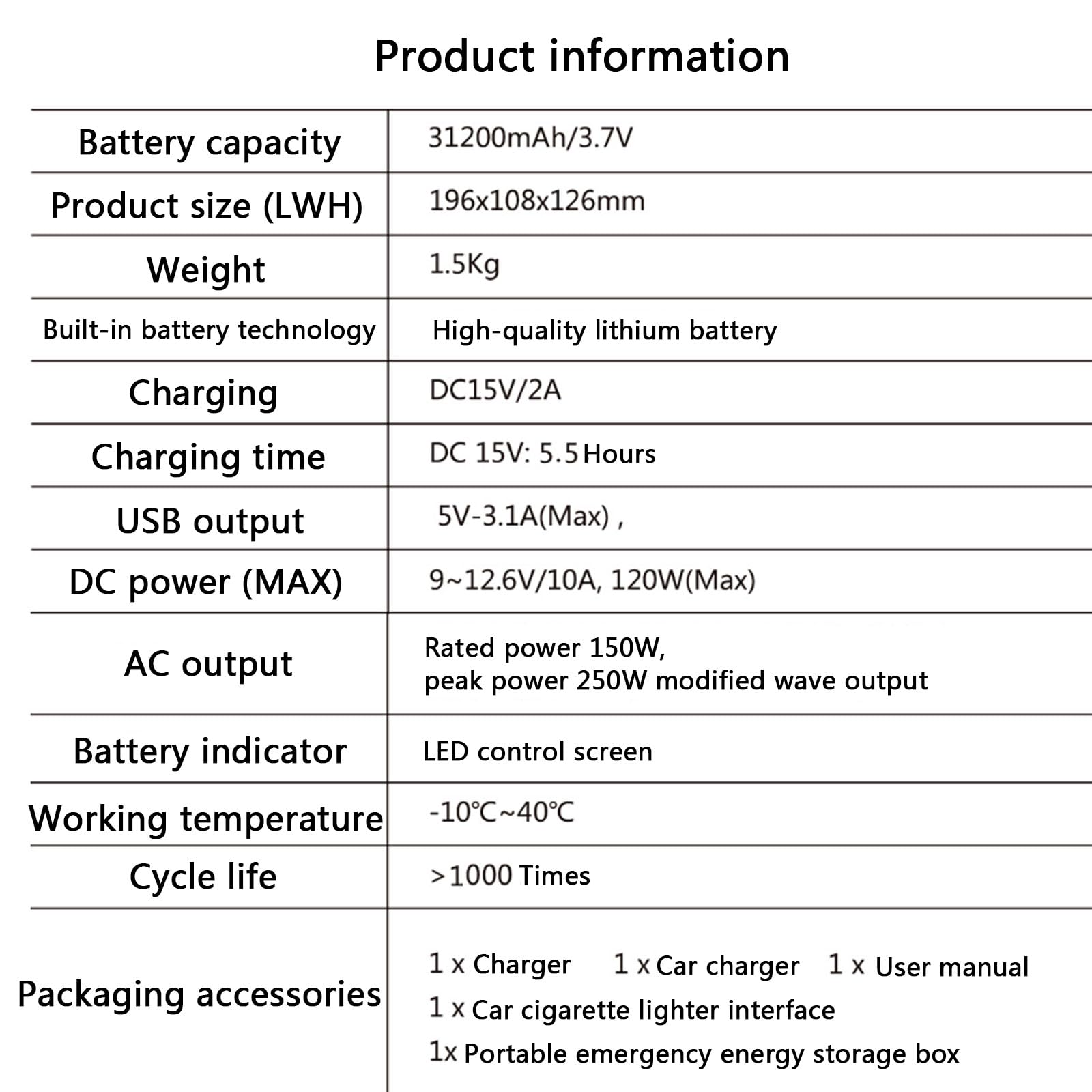 Stazione di Alimentazione Portatile da 31200 mAh con generatore e Torcia per Alimentazione di Emergenza in Campeggio e in casa