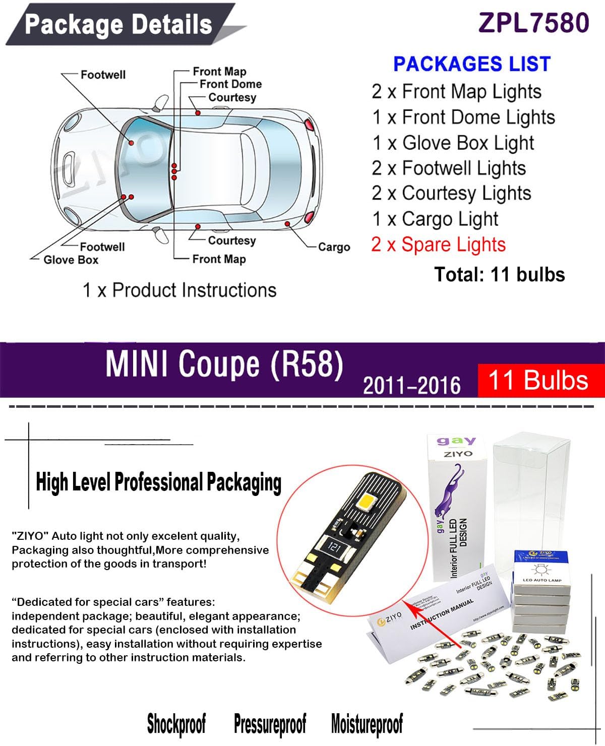 ZIYO LED Interior Light Kit for Mini Cooper Coupe R58 2011-2016 Dome Light Bulbs Replacement Package, 6000K Xenon White LED Lights Accessories Upgrade Error Free (11 Bulbs)