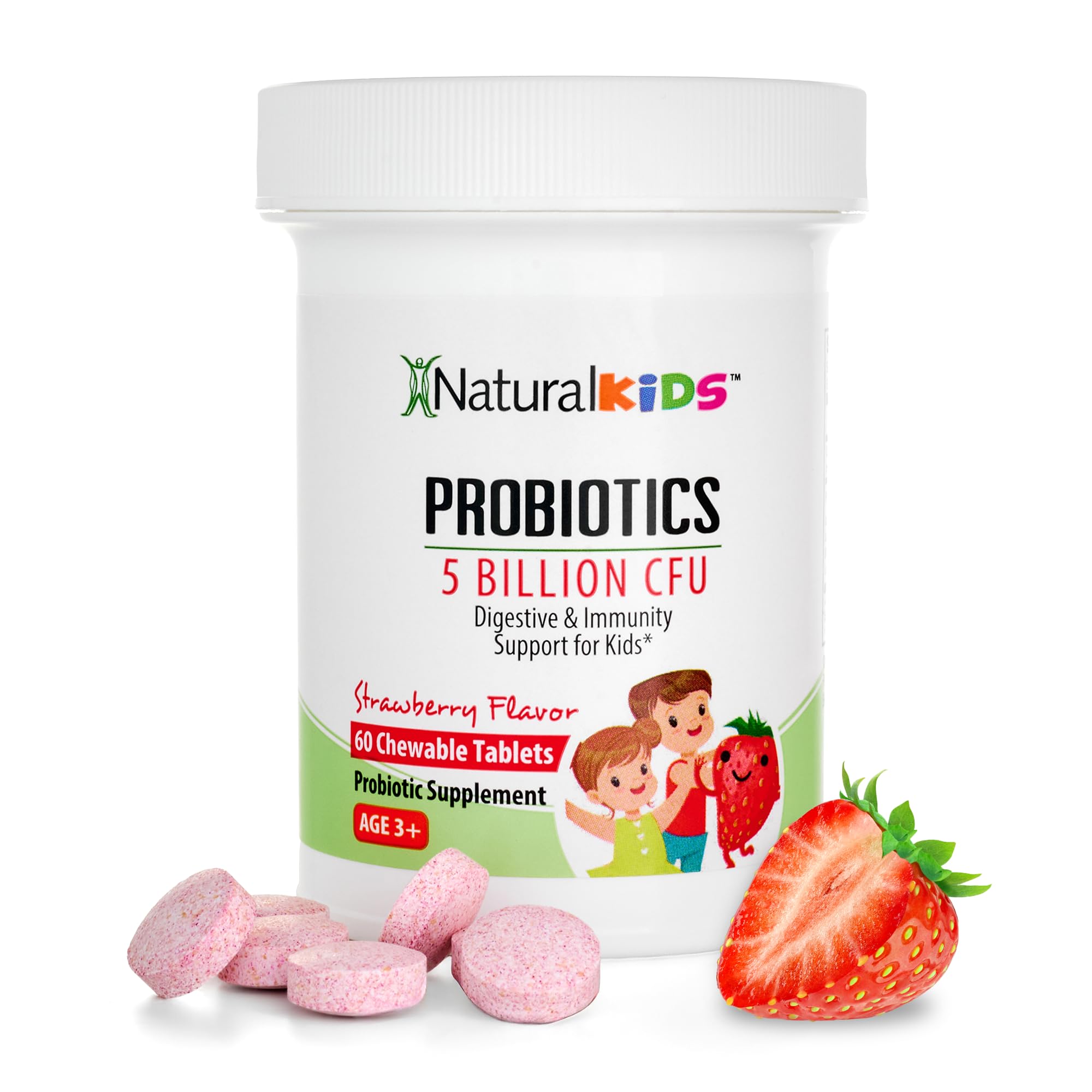 Probiotics for Kids Digestive Health, Immune Support & Kids Gut Health Supplements with 5 Billion CFU for Children Age 3 Up - Strawberry Flavor 60 Chewable Probiotic Tablets