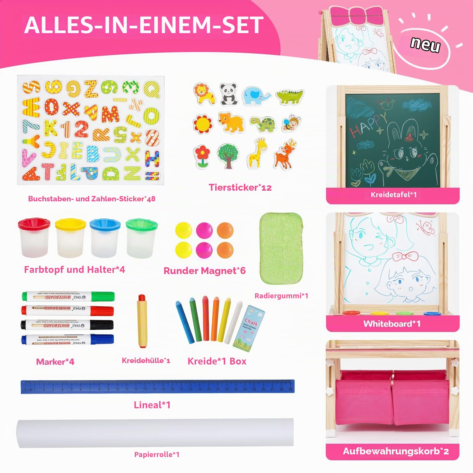 Kinderstaffelei aus Holz, Staffelei Kinder ab 3 Jahren. Kindertafel Höhenverstellbar mit Papierrolle, Kreidetafel, Whiteboard, Malset und Aufbewahrungstasche. Standtafel Kinder Rosa