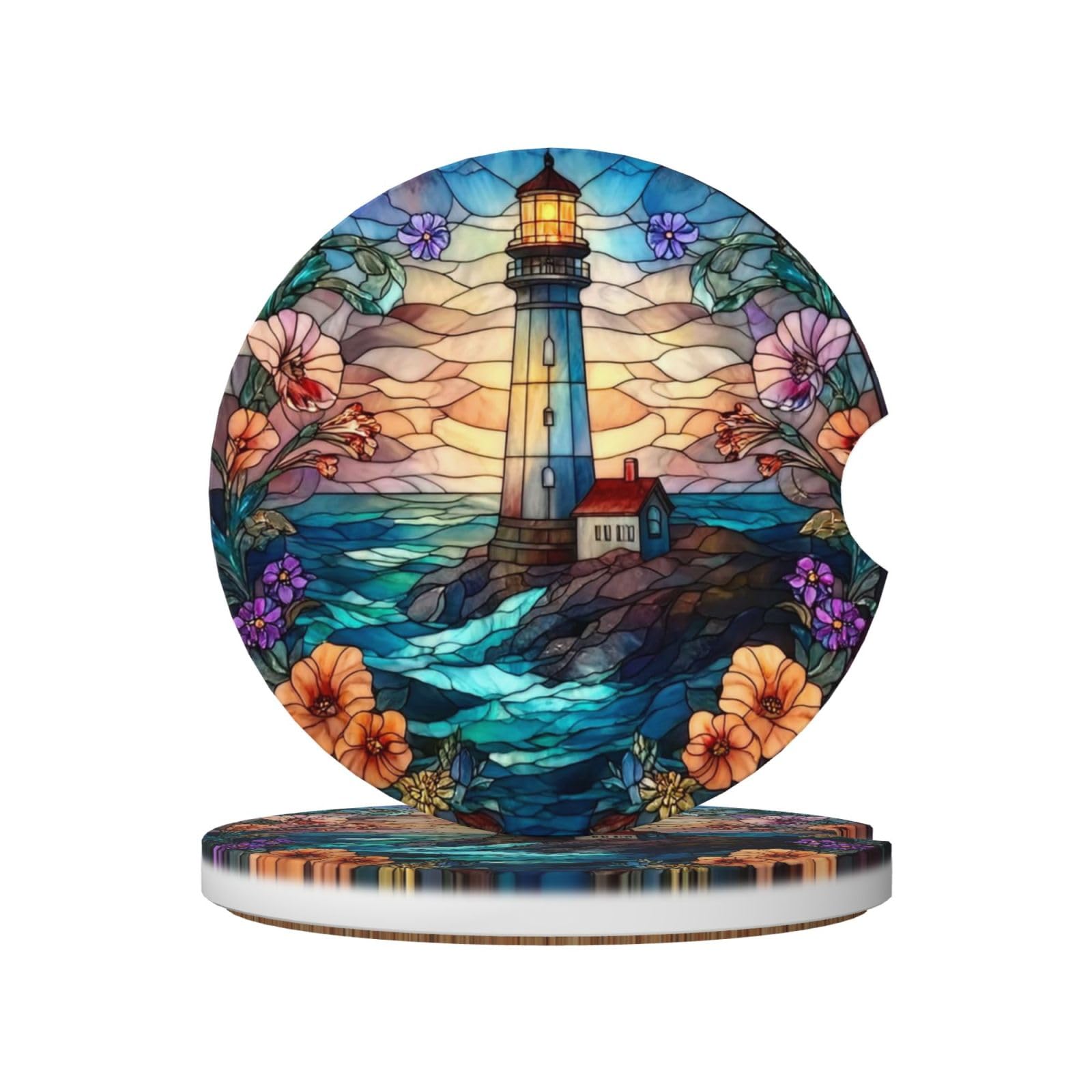 Stained Glass Lighthouse in The Ocean Flowers Ceramic Coasters,2pcs