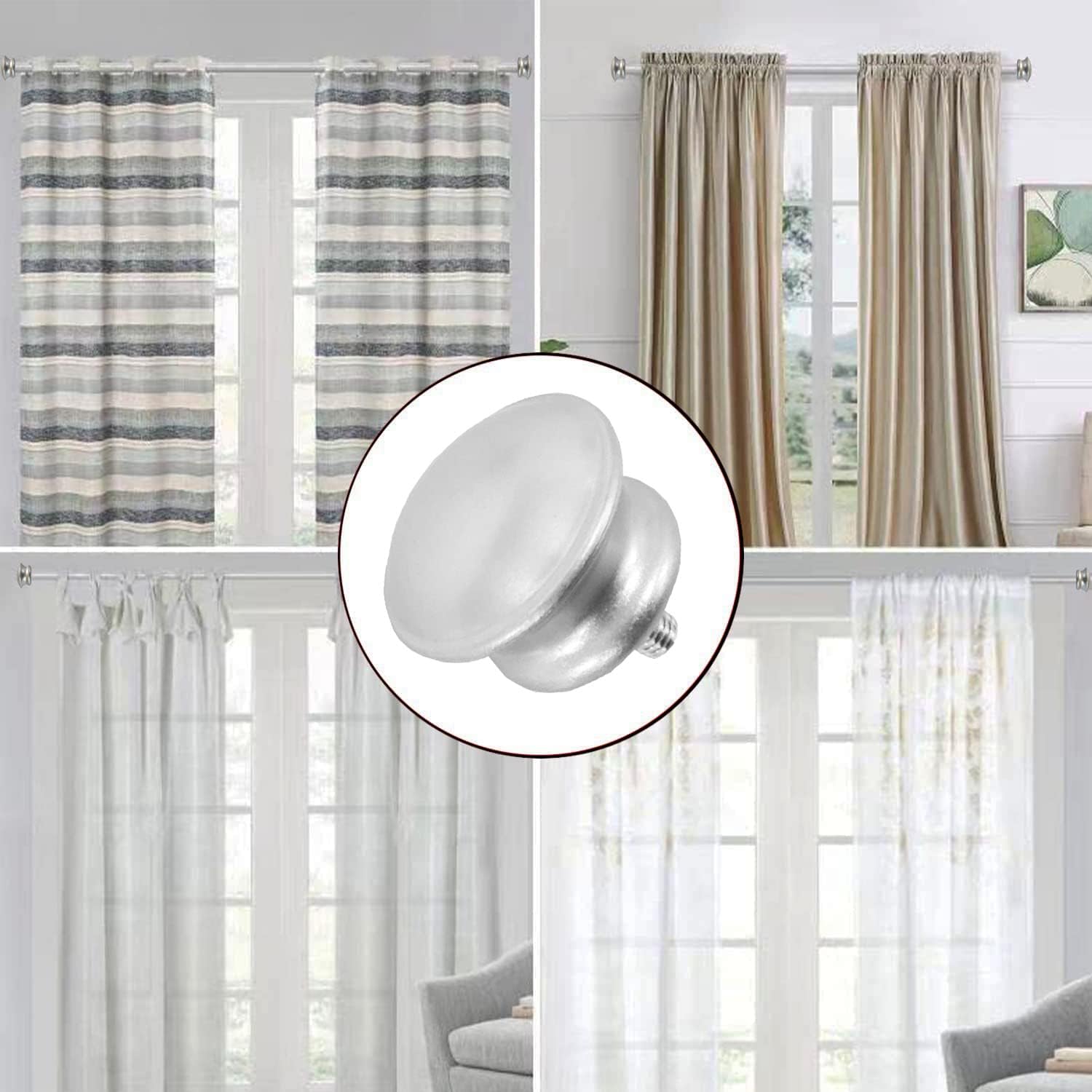 Finials For Curtain Rods, 4Pcs Plastic Curtain Rod Finials for 5/8 Inch Dia Rod,Drapery Rod Finials of Mushroom Shape,M5 Thread Dia(Silver)