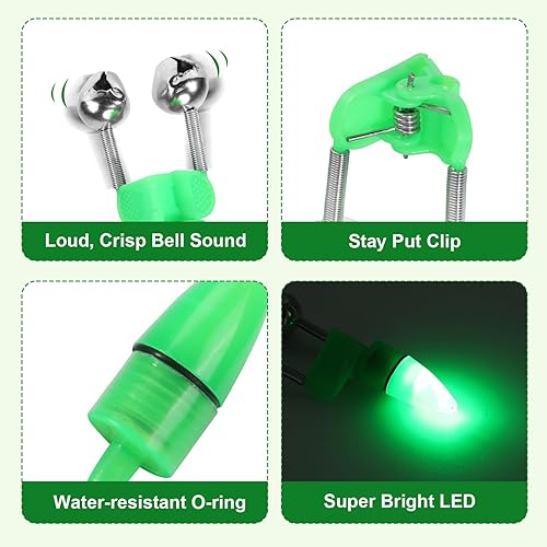 Miniatura 5 de 25 campanas de caña de pescar con luces de punta, alarmas de mordedura de pesca dobles para cañas de pesca, luces LED brillantes para pesca