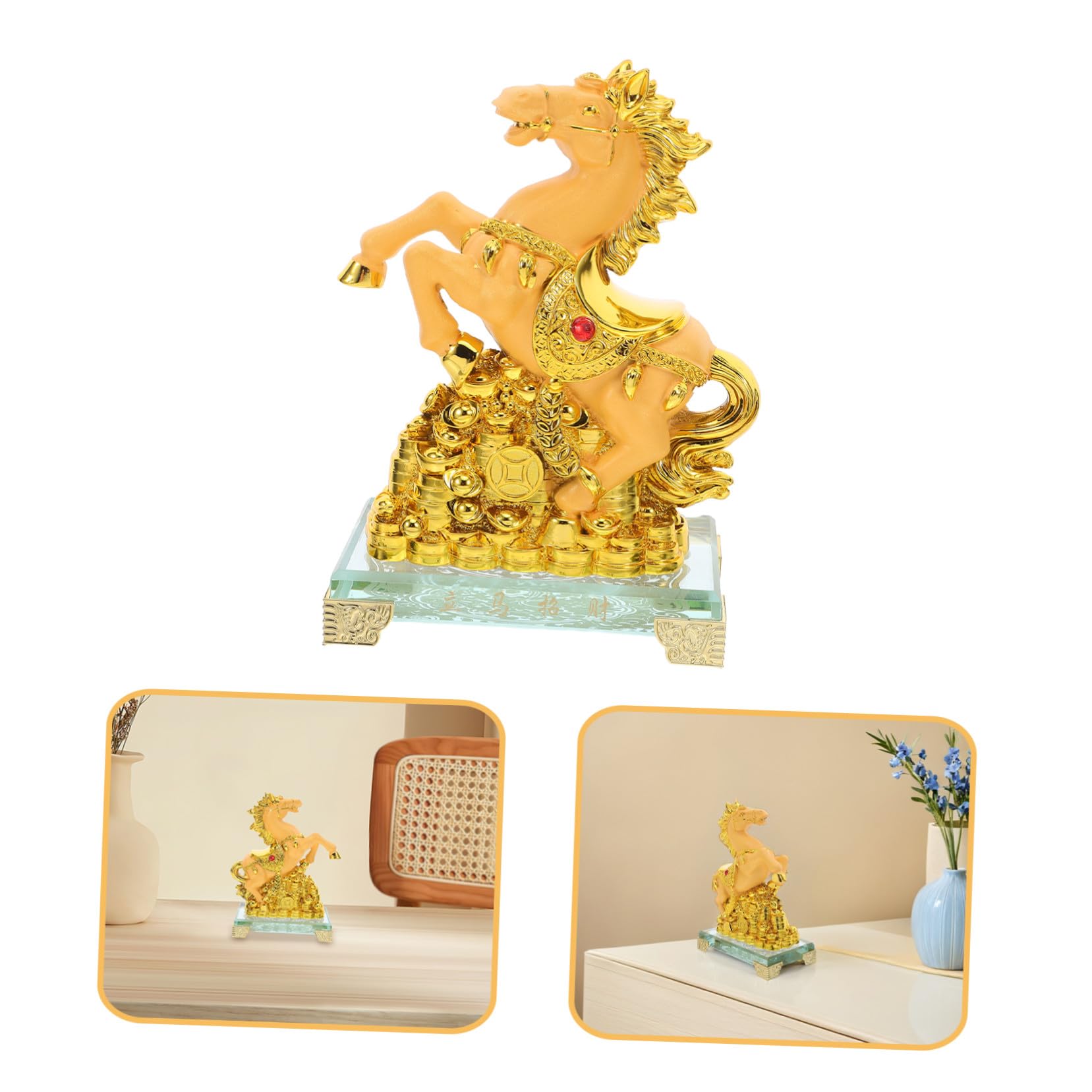 Złota Rzeźba Konia z Żywicy Stojąca Figurka Biurko i Półkę Dekoracja Do Salonu i Biura Kolekcjonerski Ornament Chińskiego Zodiaku