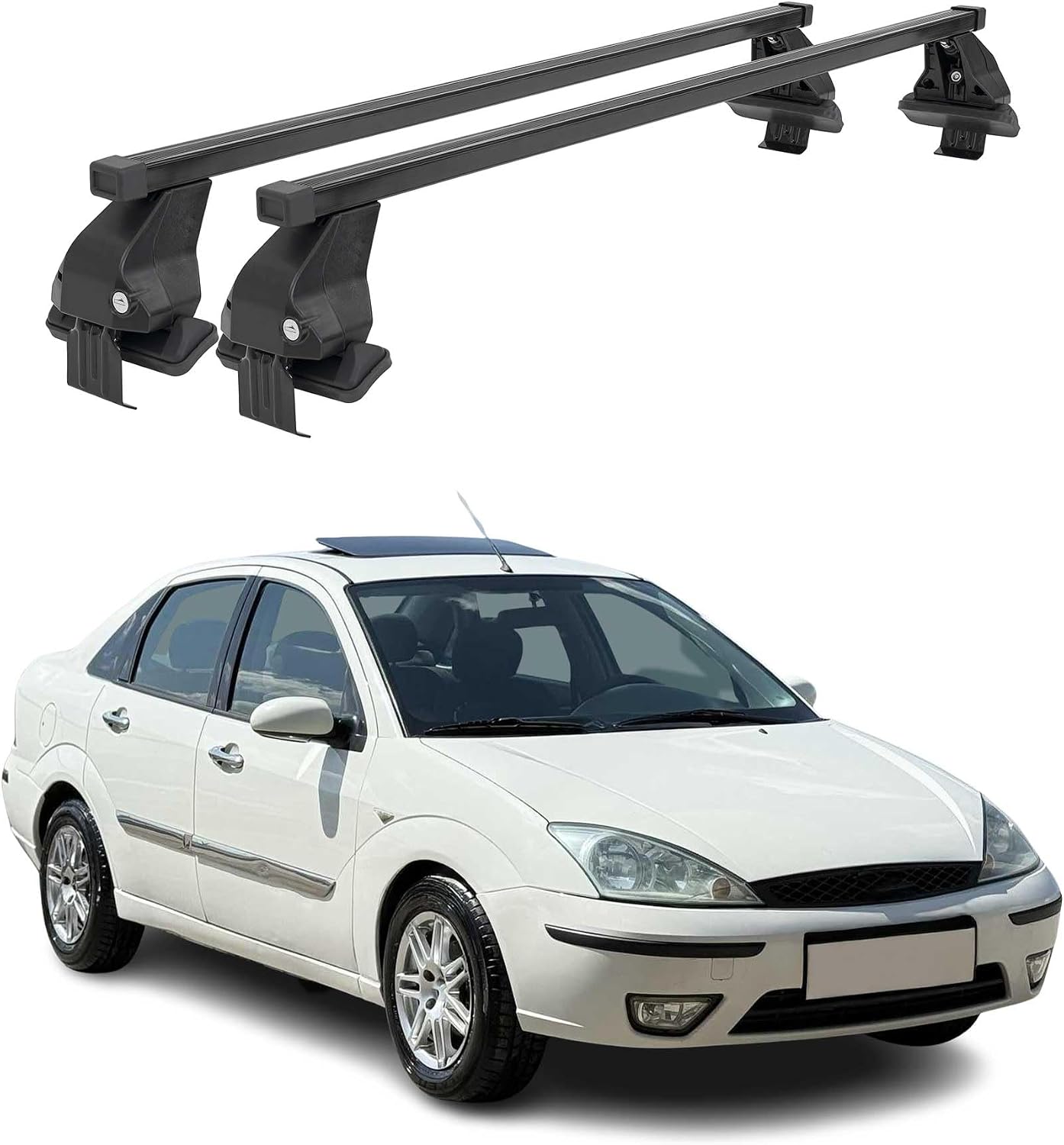 OMAC Roof Rack Cross Bars for Ford Focus Hatchback 2000-2007 Lockable 110Lbs Steel Black 2Pcs fits Cargo Carriers Kayak Canoe Bike Snowboard