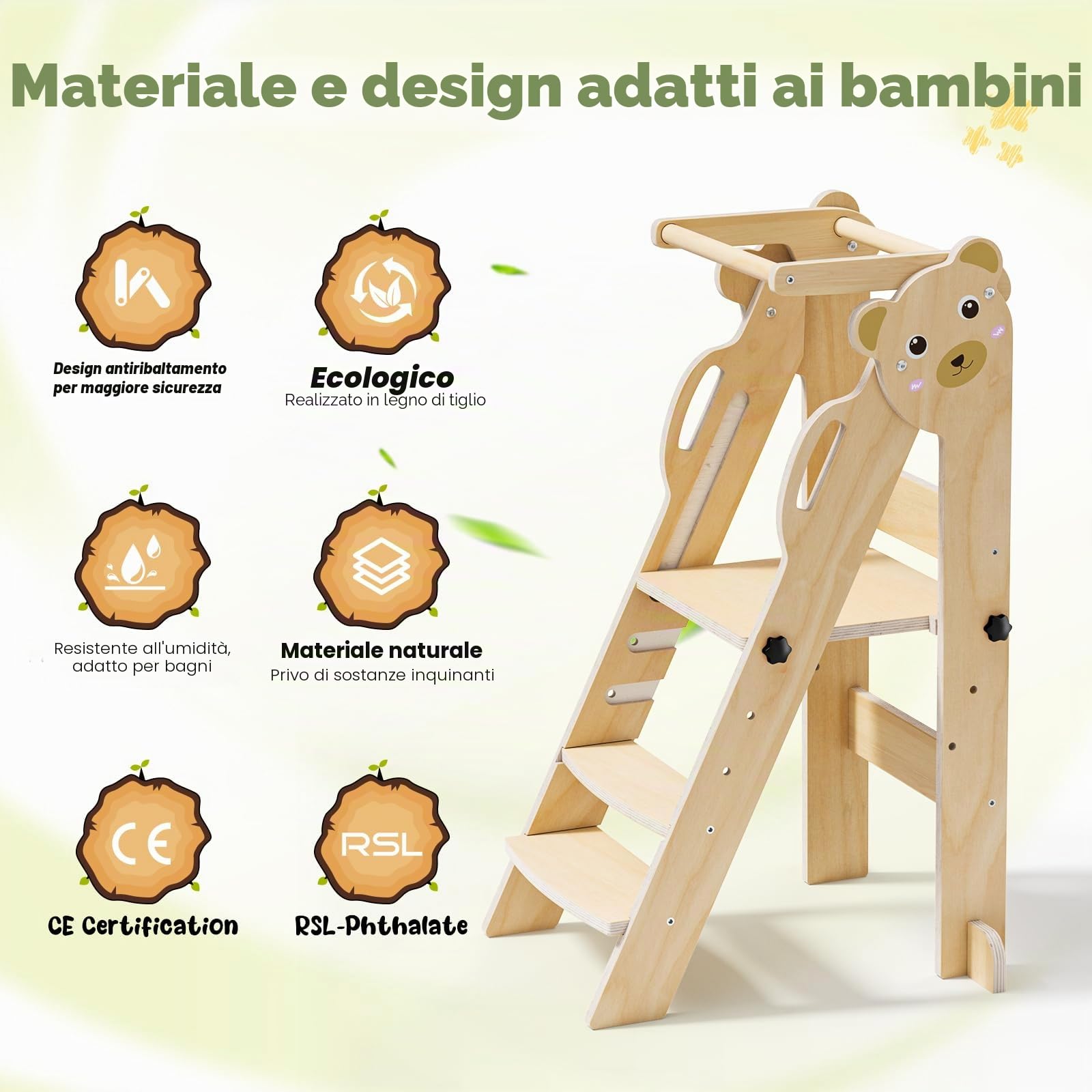 Torre montessoriana pieghevole per bambini, Montessori Learning Tower regolabile in altezza, legno naturale