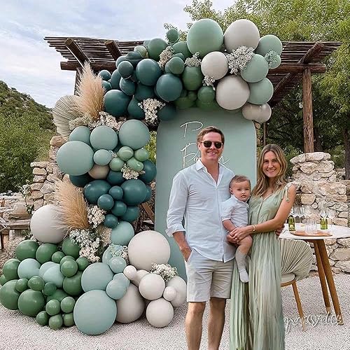 Miniatura 5 de Kit de arco de globos azul polvoriento, doble relleno, verde salvia, blanco polvoriento, blanco, mate, globos de látex para baby shower, cumpleaños