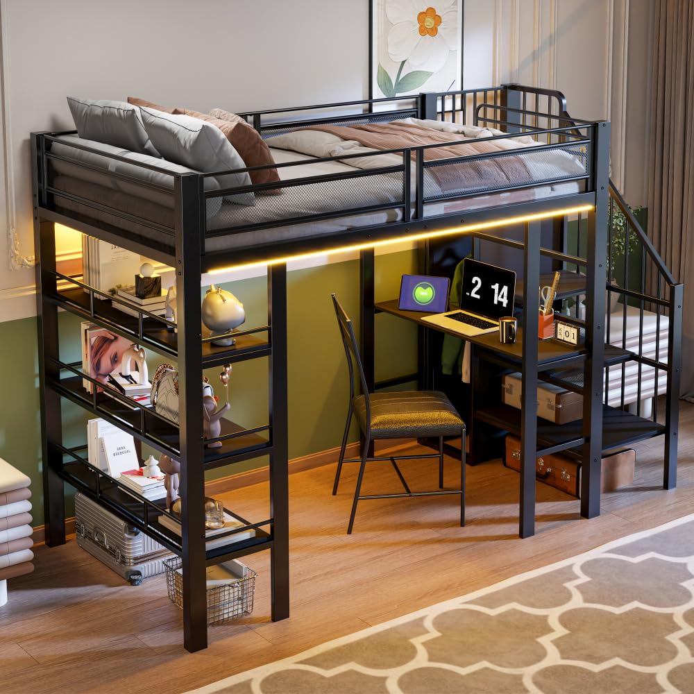 Cama alta de 90 x 200 cm con tira luminosa LED y toma de corriente, cama de hierro forjado con compartimento de almacenamiento y librería, cama individual de metal multifuncional, sin colchón
