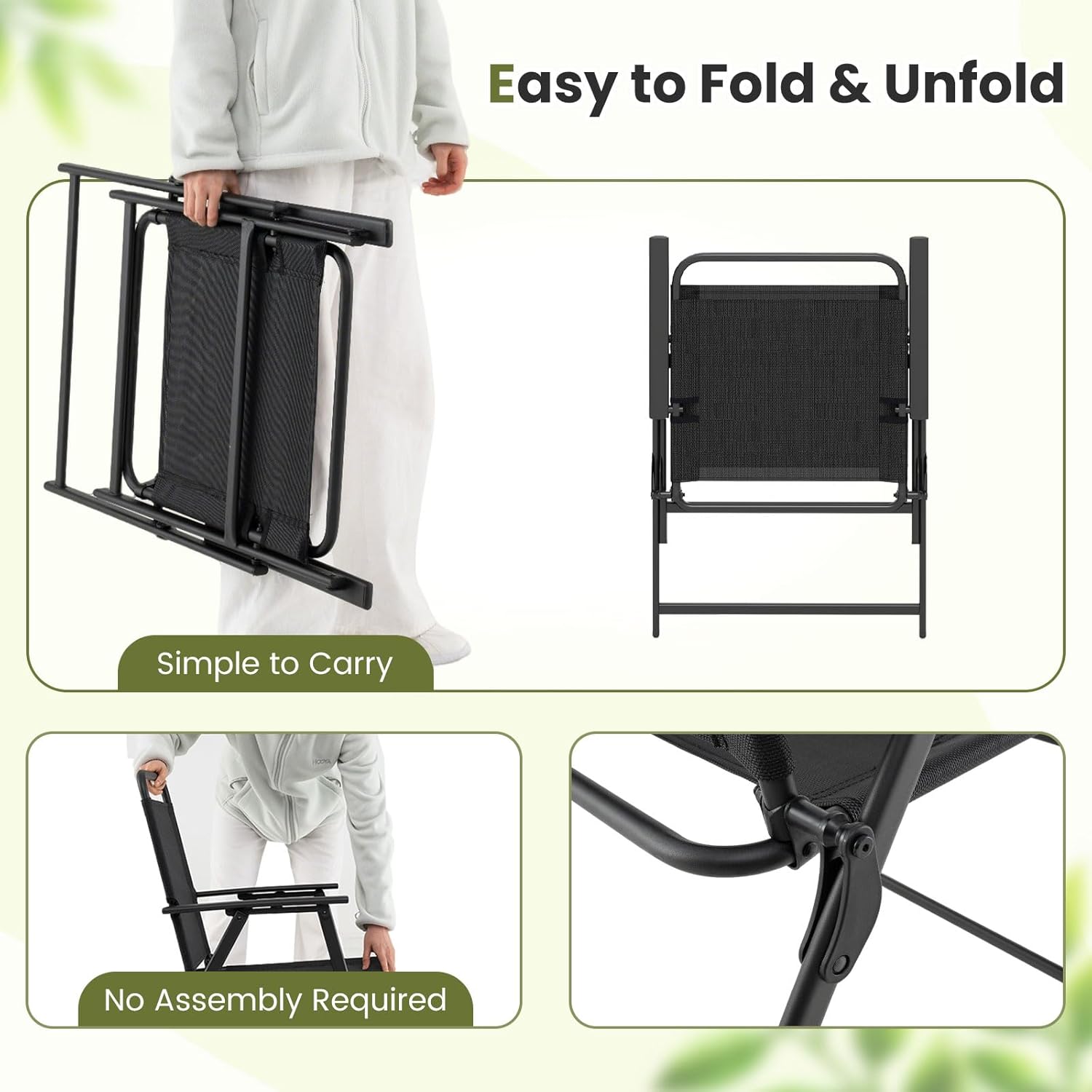 Tangkula Outdoor Folding Chairs Set of 2, Patio Dining Chairs with Breathable Fabric Seat & Cozy Armrests, Heavy-Duty Metal Frame, Portable Lawn Chairs for Backyard, Porch, Camping (2, Black)