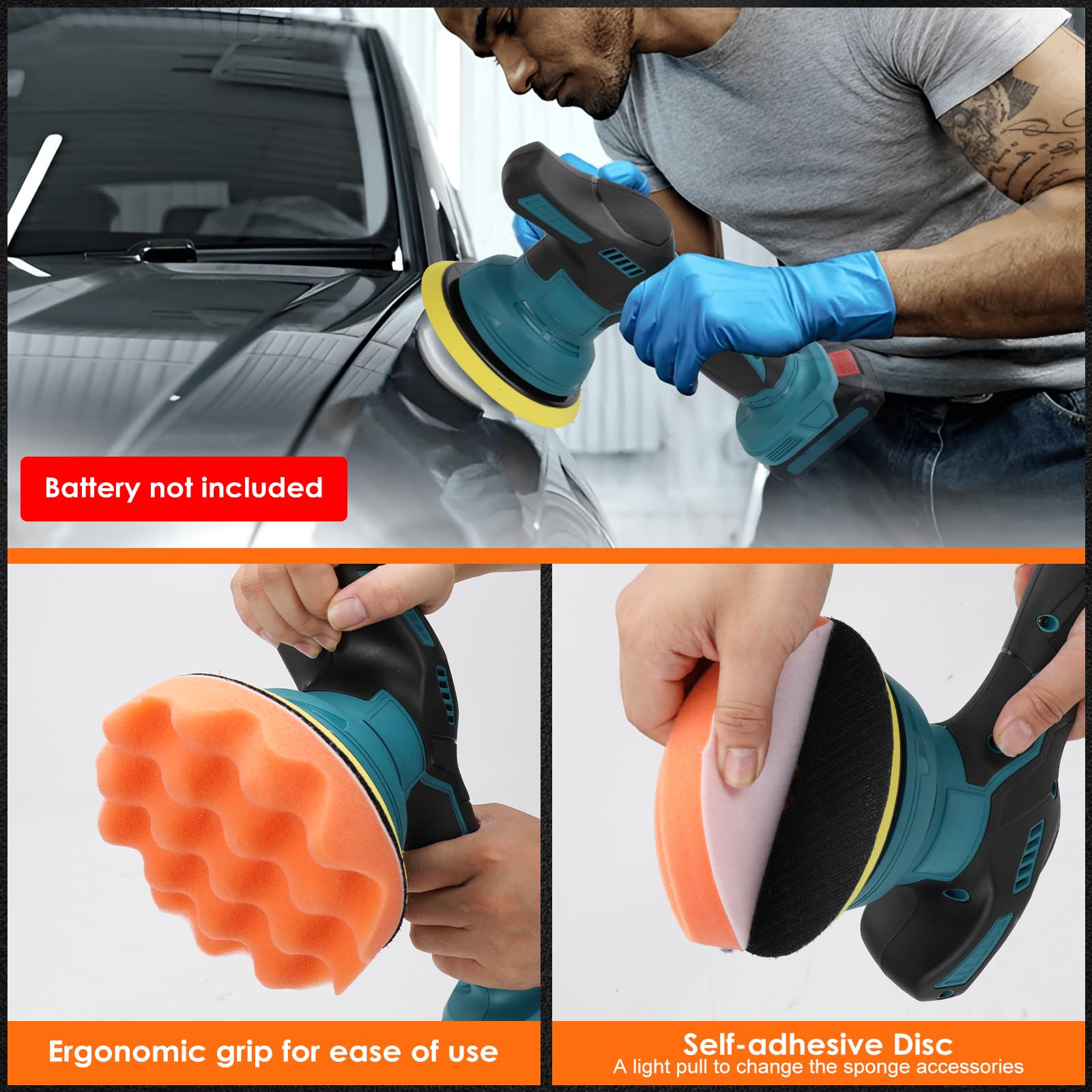 Pulidora Coche compatible con Makita de 18V batería, 8 Velocidad Variable, Pulidora Inalambrica con 12 accesorios, para Encerar y Eliminar Arañazos del Coche (sin batería ni cargador)