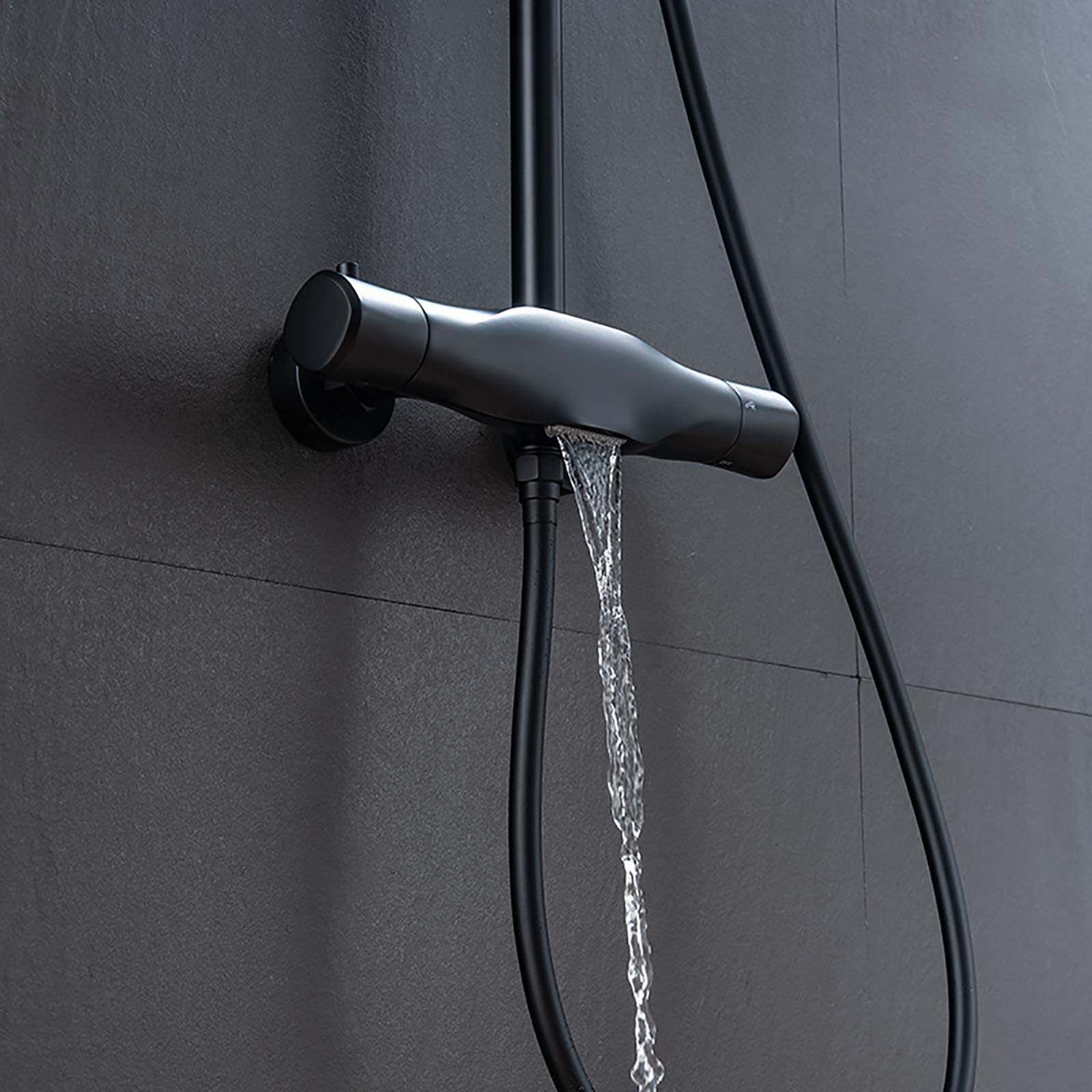 Sistema Doccia a Pioggia, Set Rubinetto termostatico Nero, Miscelatore Combinato in Ottone a Parete con Testa Rettangolare, doccetta a 2 modalità, Waterf
