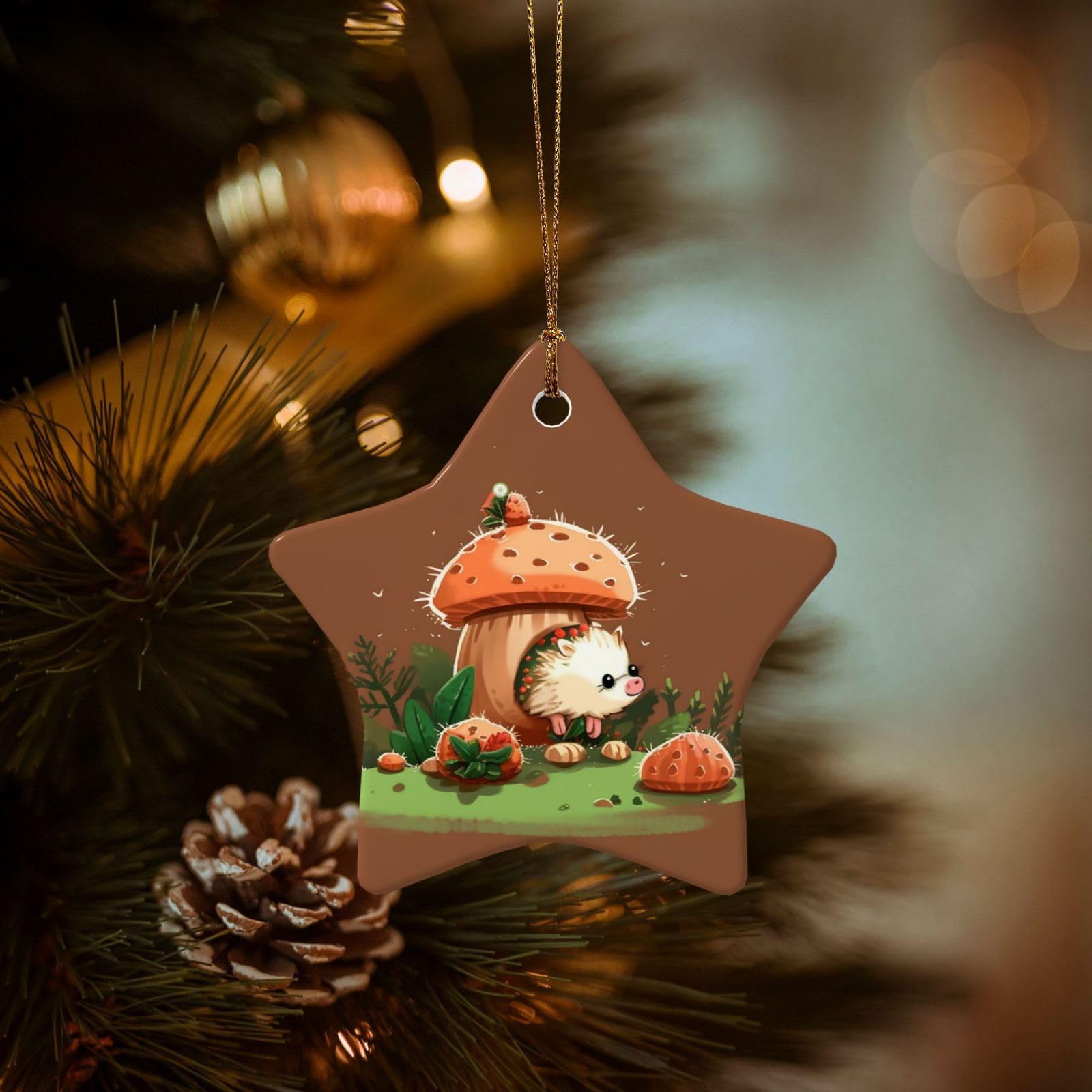 Christmas Tree Ornaments Ceramics Christmas Decorations Hedgehog and Mushroom Ornaments with Gold Ribbon Porcelain Xmas Tree Crafts Star Shape Hanging Pendant for Christmas Tree Party Decor
