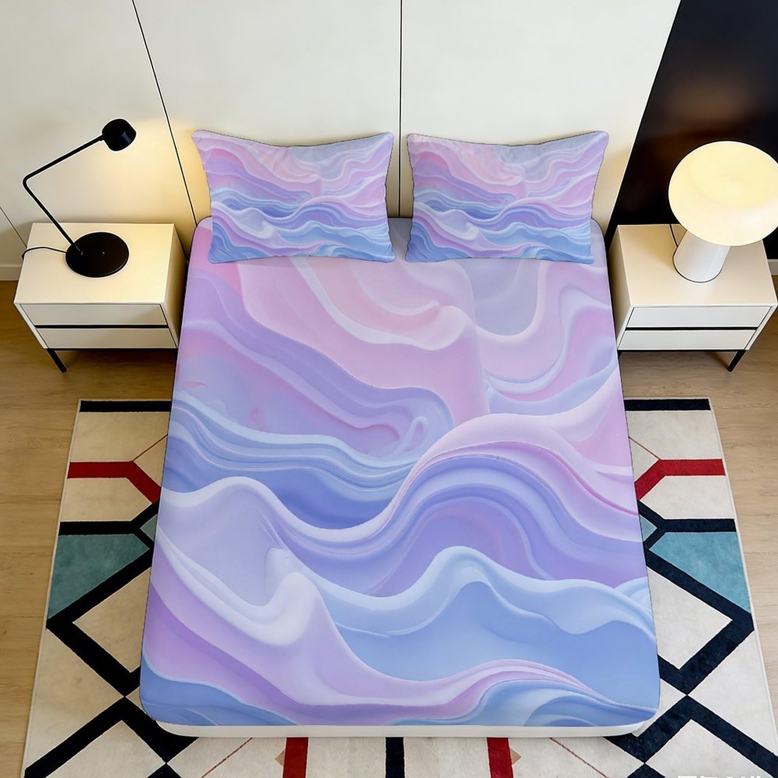 3D Printed Pastel Swirl Fitted Sheet Microfiber Soft Breathable Abstract Waves Mattress Cover for Bedroom Dormitory Guest Room Mattress Protection Decor 160x200x25cm