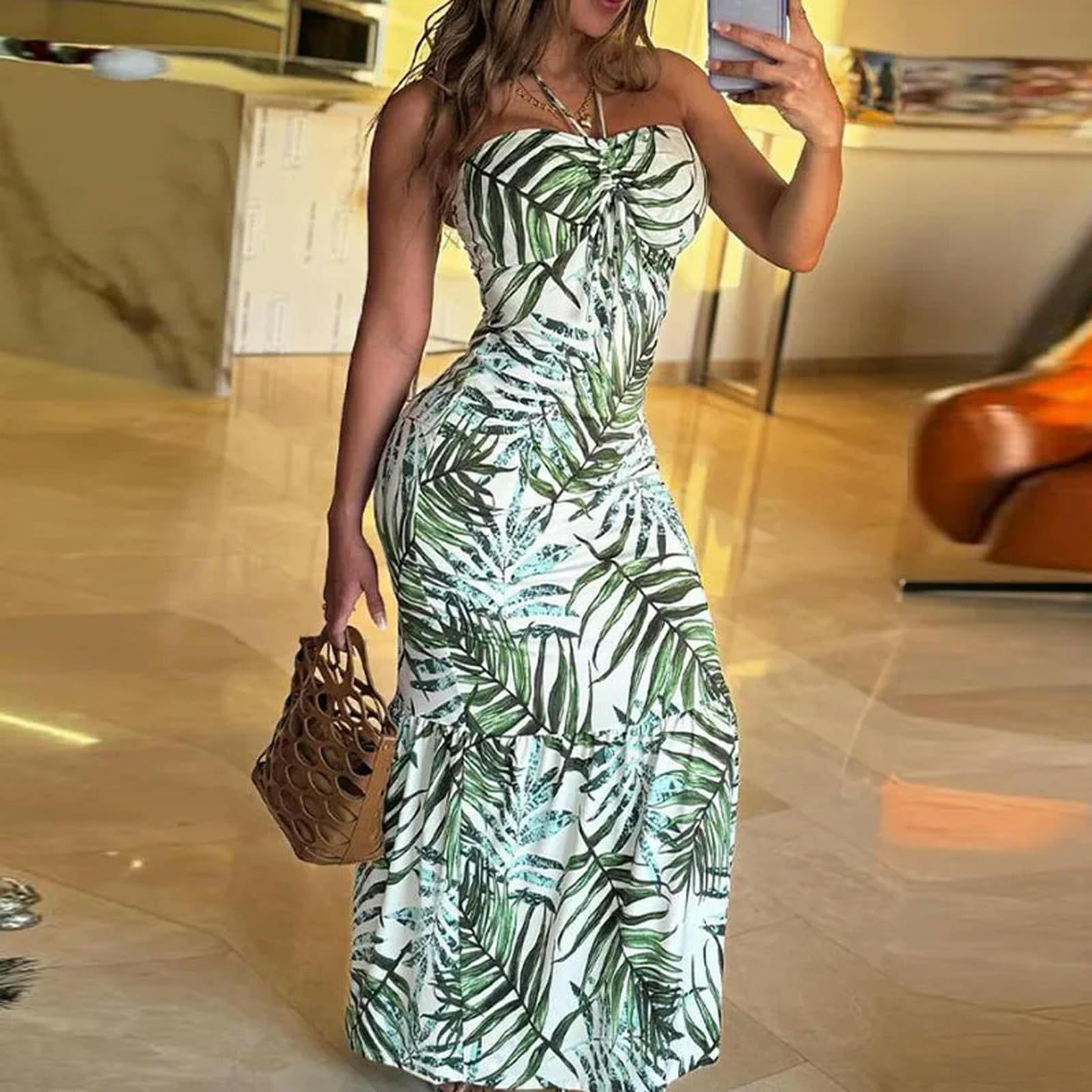 Vestido Envolvente Sexi con Cuello Halter y Espalda Descubierta para Mujer, Vestido Playero Bohe con Estampado Elegante, Vestido de Verano sin Mangas con Volantes 2024