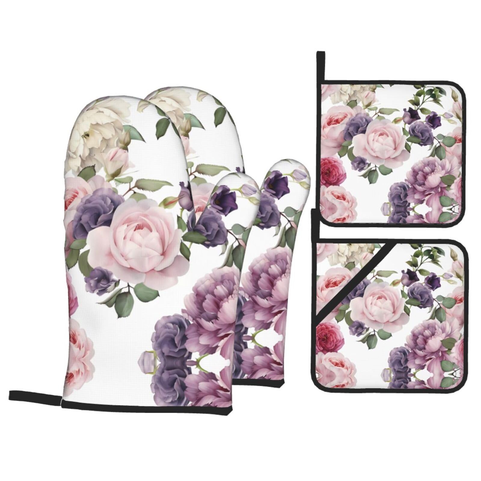 WHJSHOP Rose Prints Kitchen Layers: Waterproof Oven Covers for Safe Handling & Easy Cleanup – 4 Piece Heat Protection Bundle