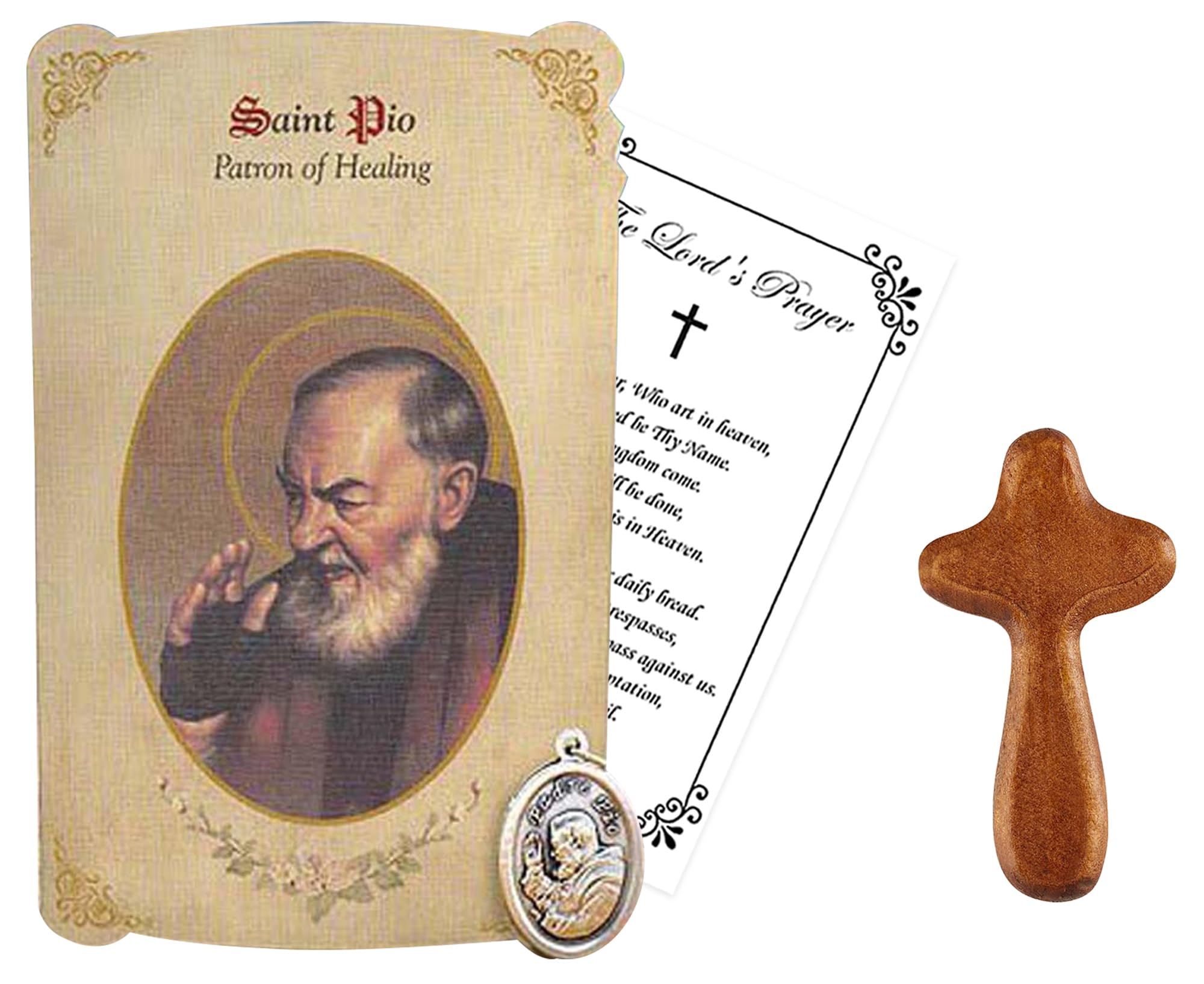 TrendzeenSt Padre Pio Medal (1 Inch) - Padre Pio Medallion, Saint Pio Prayer Card, Wooden Comfort Cross To Hold, The Lord's Prayer Card - Padre Pio Patron Saint of Healing Themed Set - 3 Items Total, Oxidized