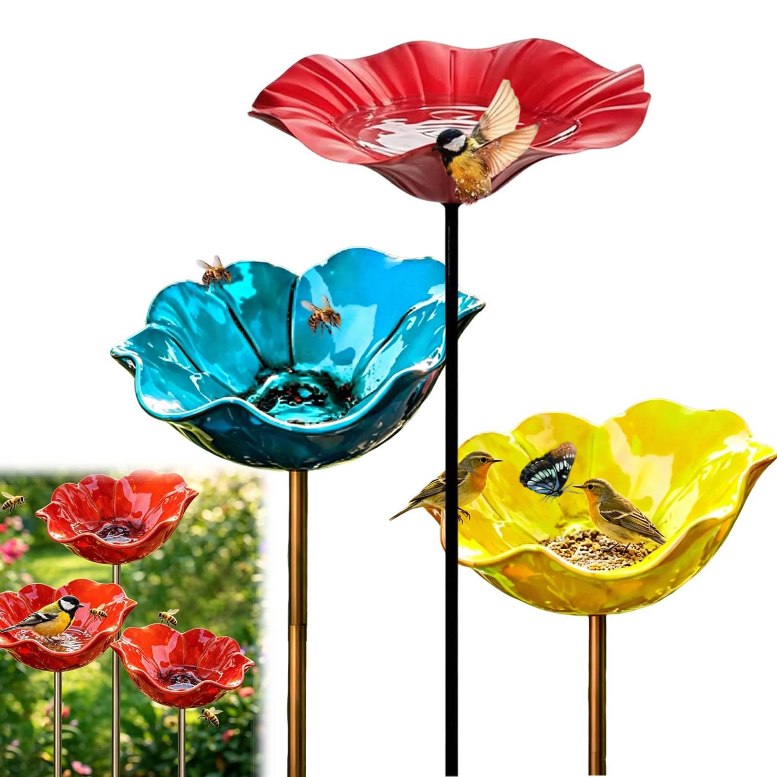 Handmade Metal Flower Garden Stake Bird Feeder – Flower Bird Bath for Garden, Decorative Metal Flowers Ornament, Bee & Butterfly Water Feeder for Outdoor Yard (3 colors)