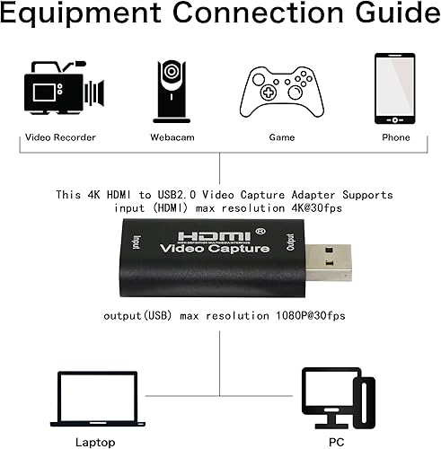 Miniatura 4 de QIANRENON - Tarjeta de captura de vídeo HDMI 4K HDMI a USB 2.0, adaptador de captura 1080P 30 fps de grabación a través de videocámara DSLR para