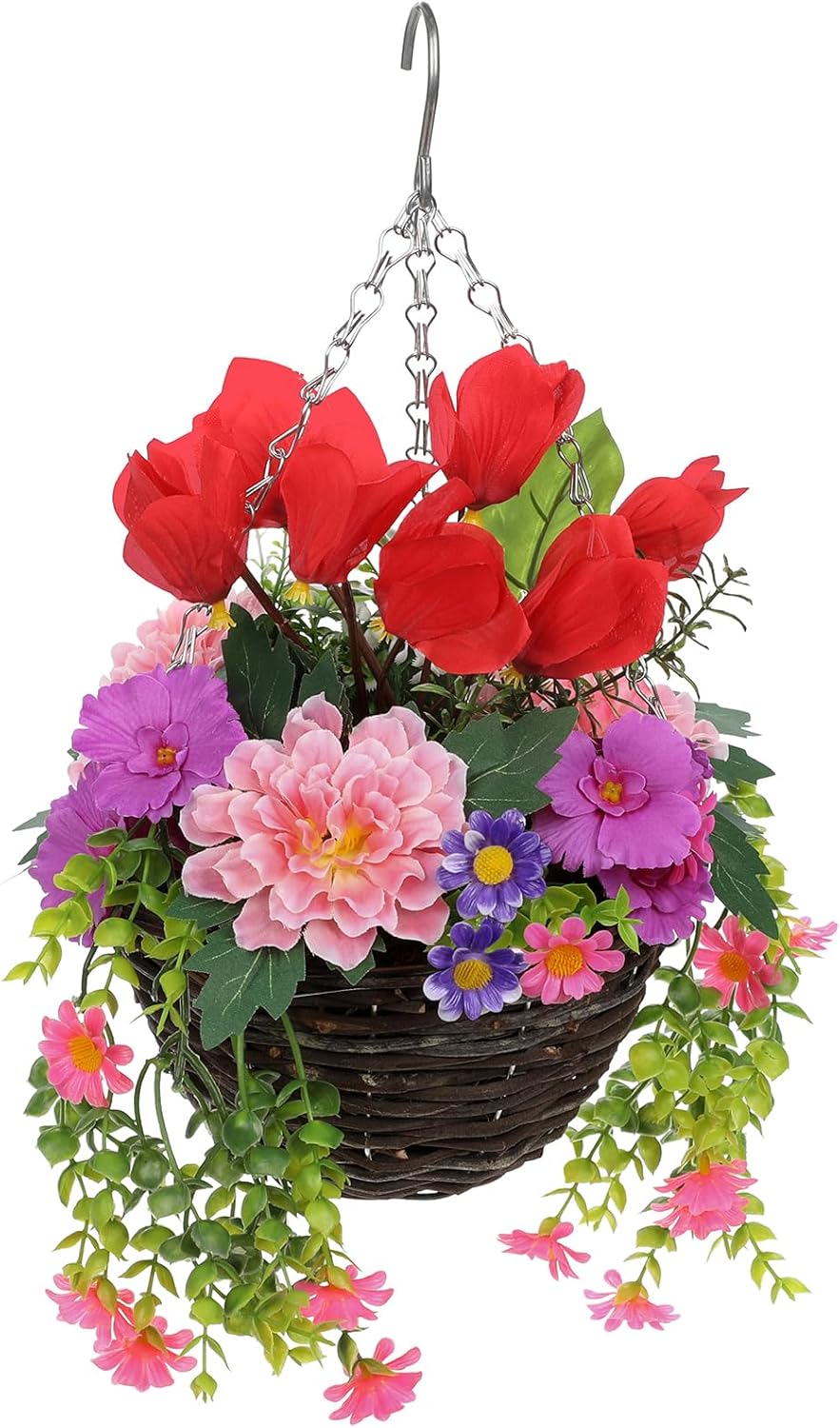 GnFlus Artificial Fake Hanging Flowers Plants Basket for Outdoor Spring Decor, Faux Silk Flower in Planter Look Real Faux Bougainvillea Flower Arrangement for Porch Home Patio Garden