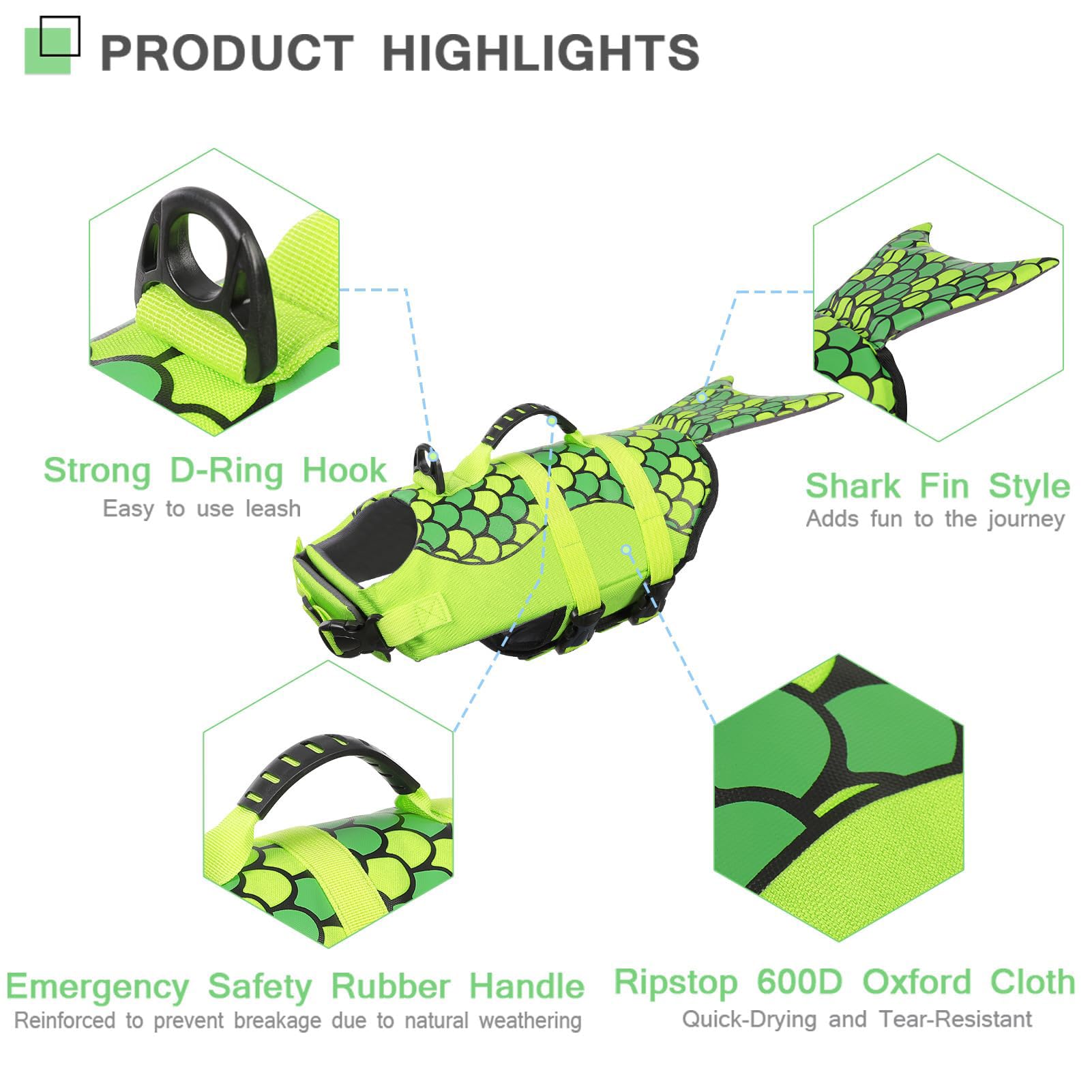 CITÉTOILE Giubbotti di Salvataggio per Cani, Giubbotto di salvataggio a forma di sirena, Salvagente Gilet con Manico per Cani Piccoli, Medi e Grandi, Taglia Regolabile, Verde, XS
