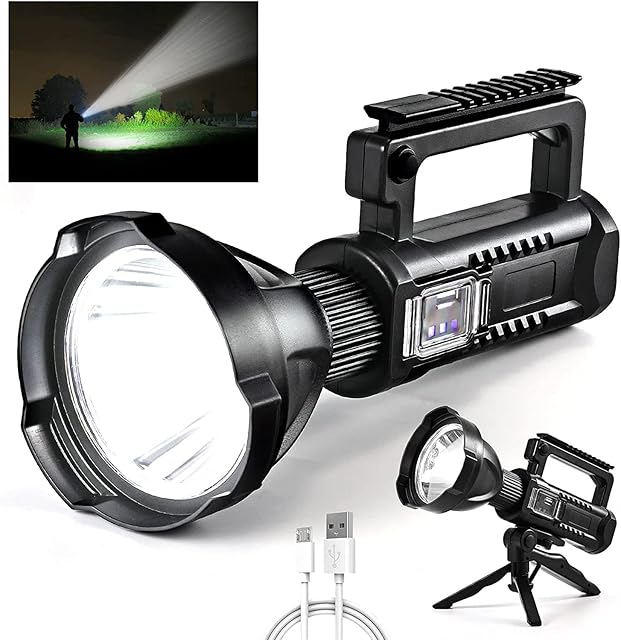 Led Torch - Powerful USB Rechargeable Handheld Flashlight, Super Bright 8000 Lumen 8000 mAh Portable Outdoor Torch with 4 Lighting Modes for Camping Hiking, IPX4 Waterproof