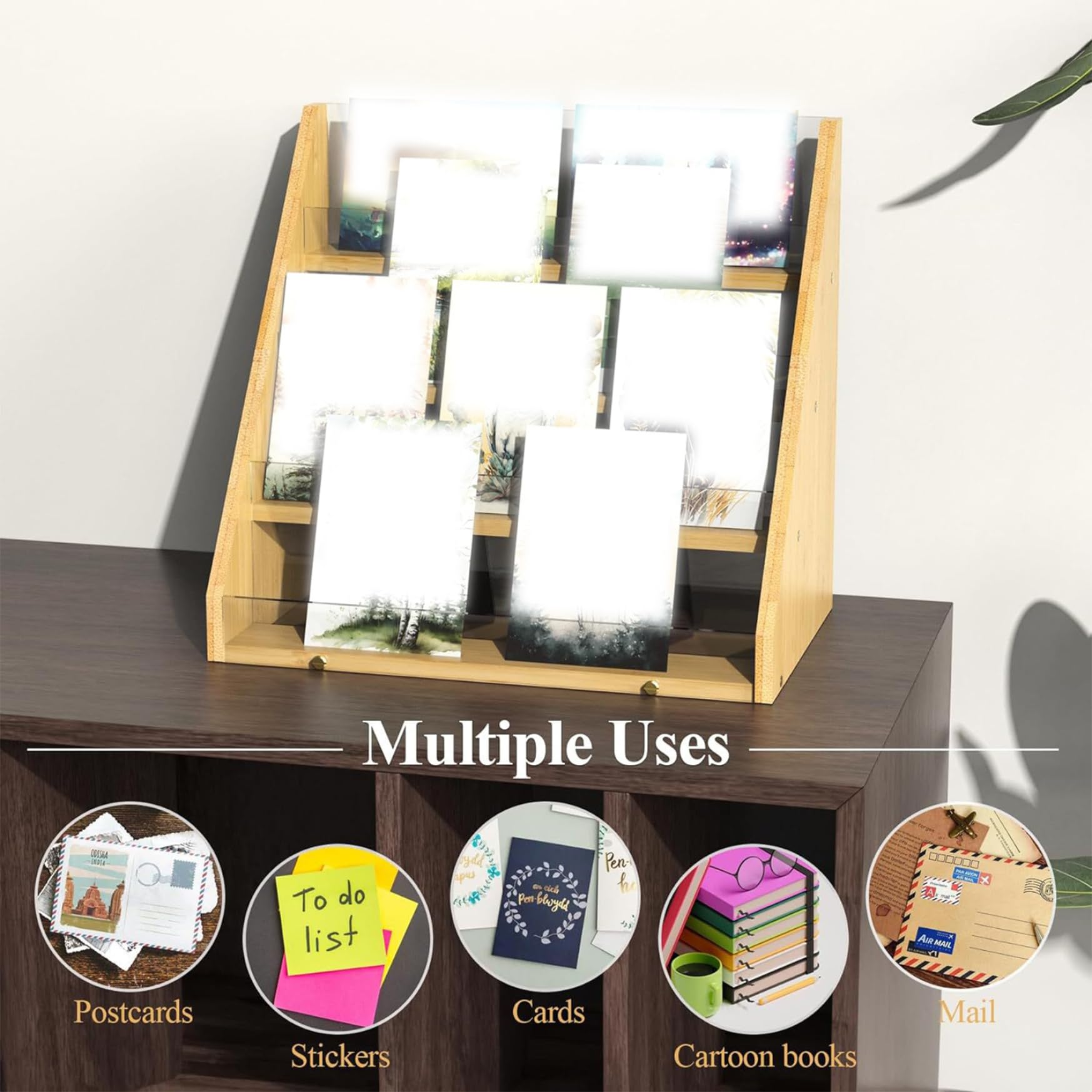 Stand d'affichage de la carte de voeux, support de cartes de voeux stand à 4 niveaux Natural Bamboo Greeting Carte Organisateur Multi-Purpose Greeting Carte Holder pour carte postale, photo, autocoll