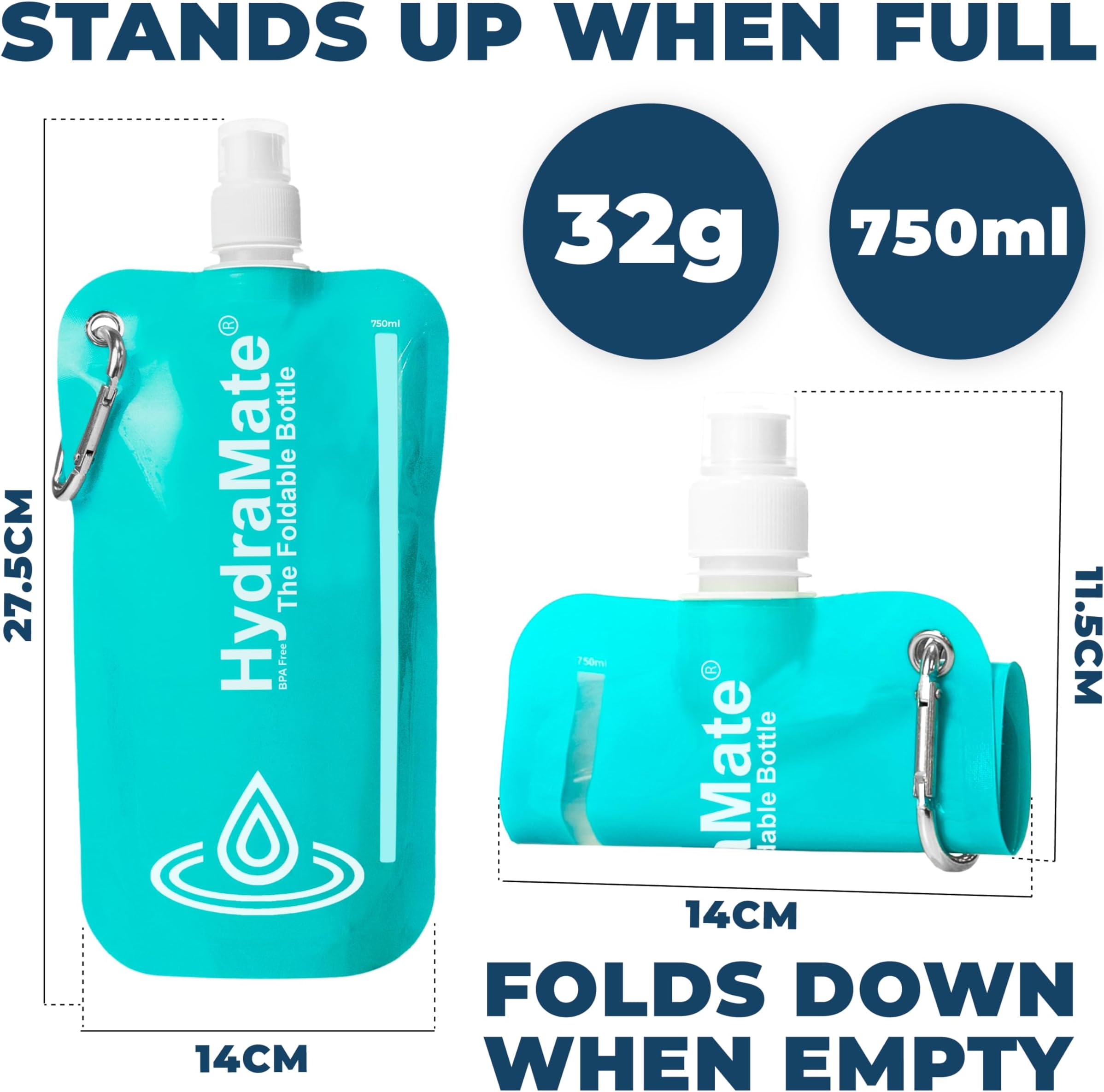 HydraMate COLLAPSIBLE BOTTLE. BPA Free. Foldable Water Bottle 25oz/750ml Lightweight, Soft, Squeezable, Eco-Friendly Folding Bottle. Sports Cap, Hygienic Lid. Refillable. Carabiner Clip. FREE keyring