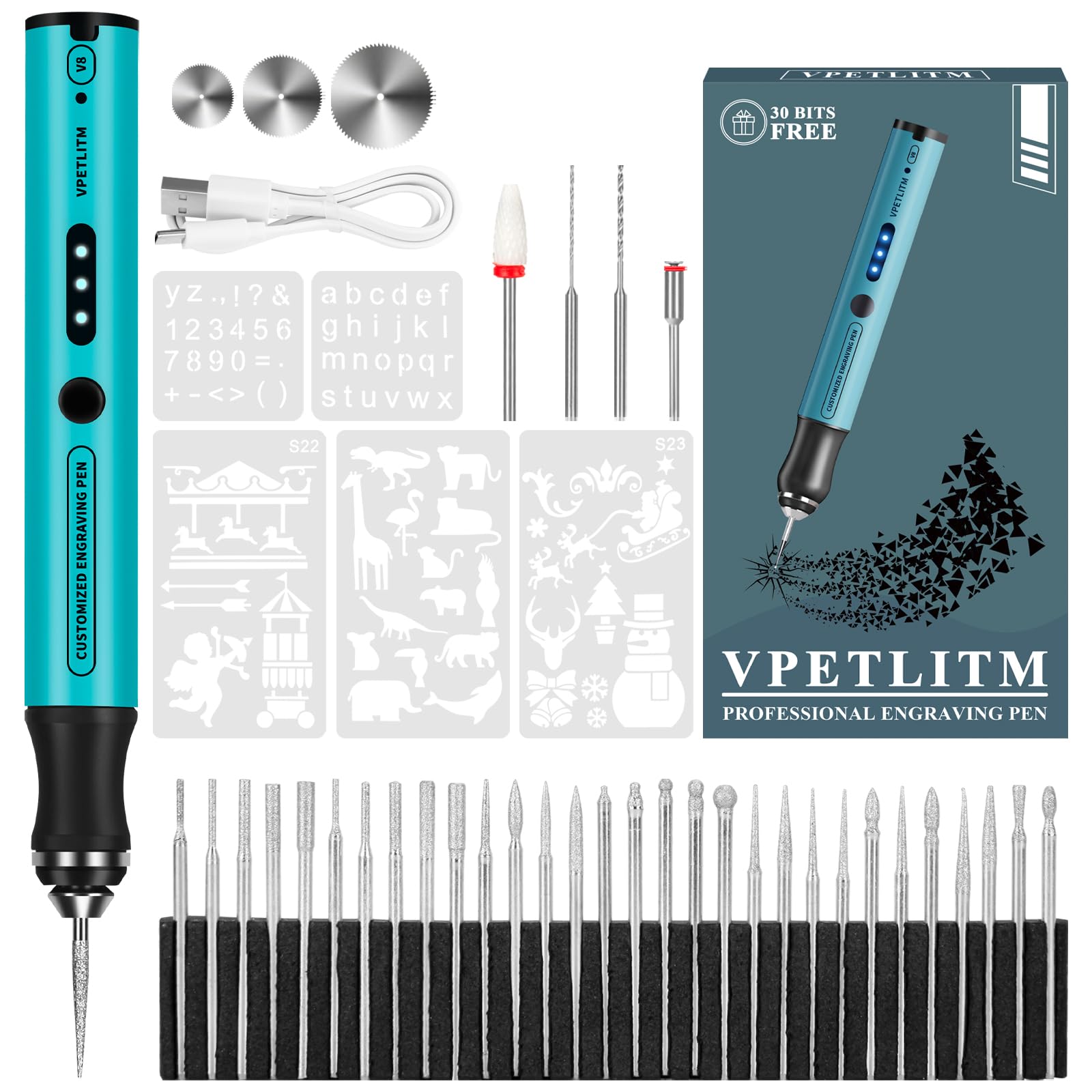Engraving Pen by VPETLITM, Ultimate Cordless Portable Tool for Artists & DIYers - Engrave 50+ Surfaces - Beginner Friendly - Rechargeable - Free 30 Bits & Mastery Guide & Stencils